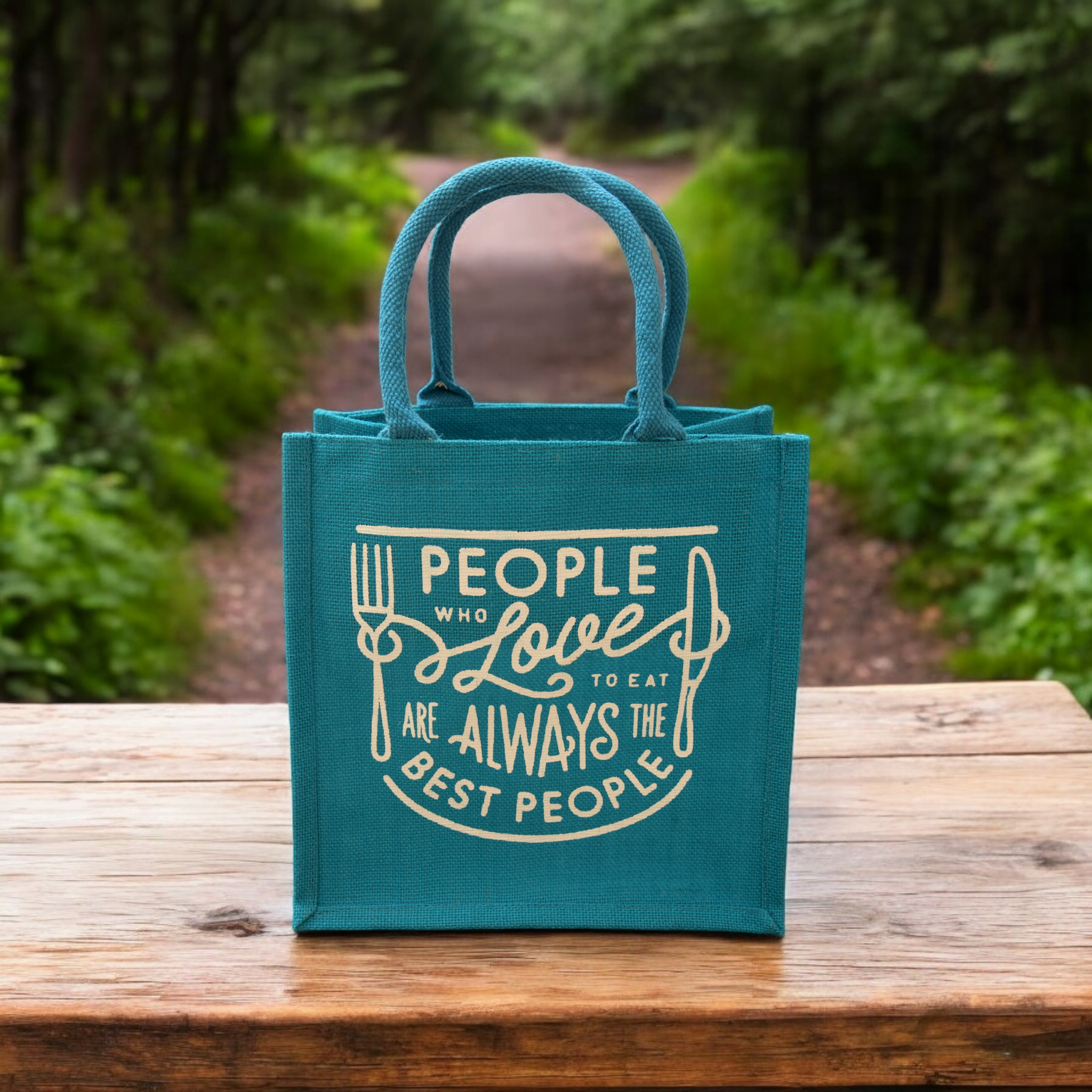 JUTE COTTAGE LOVE TO EAT PRINT LUNCH ZIPPER, SUSTAINABLE, ECO-FRIENDLY, 100% GENUINE JUTE, STYLISH (TURQUOISE BLUE 12X12X7)