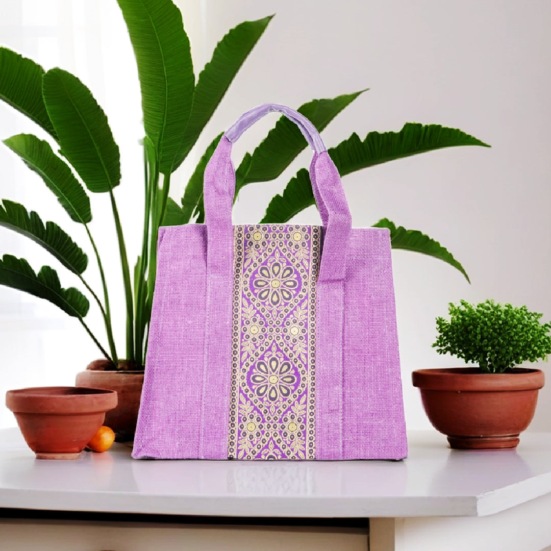 Vertical Lace Jute Lunch Bag with Zipper