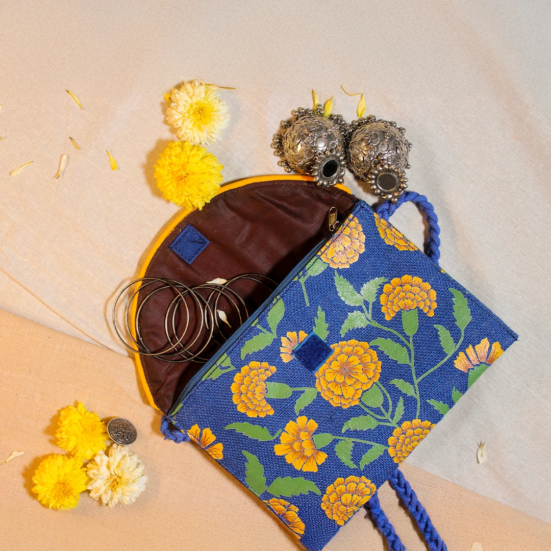Marigold Jute sling bag-Blue