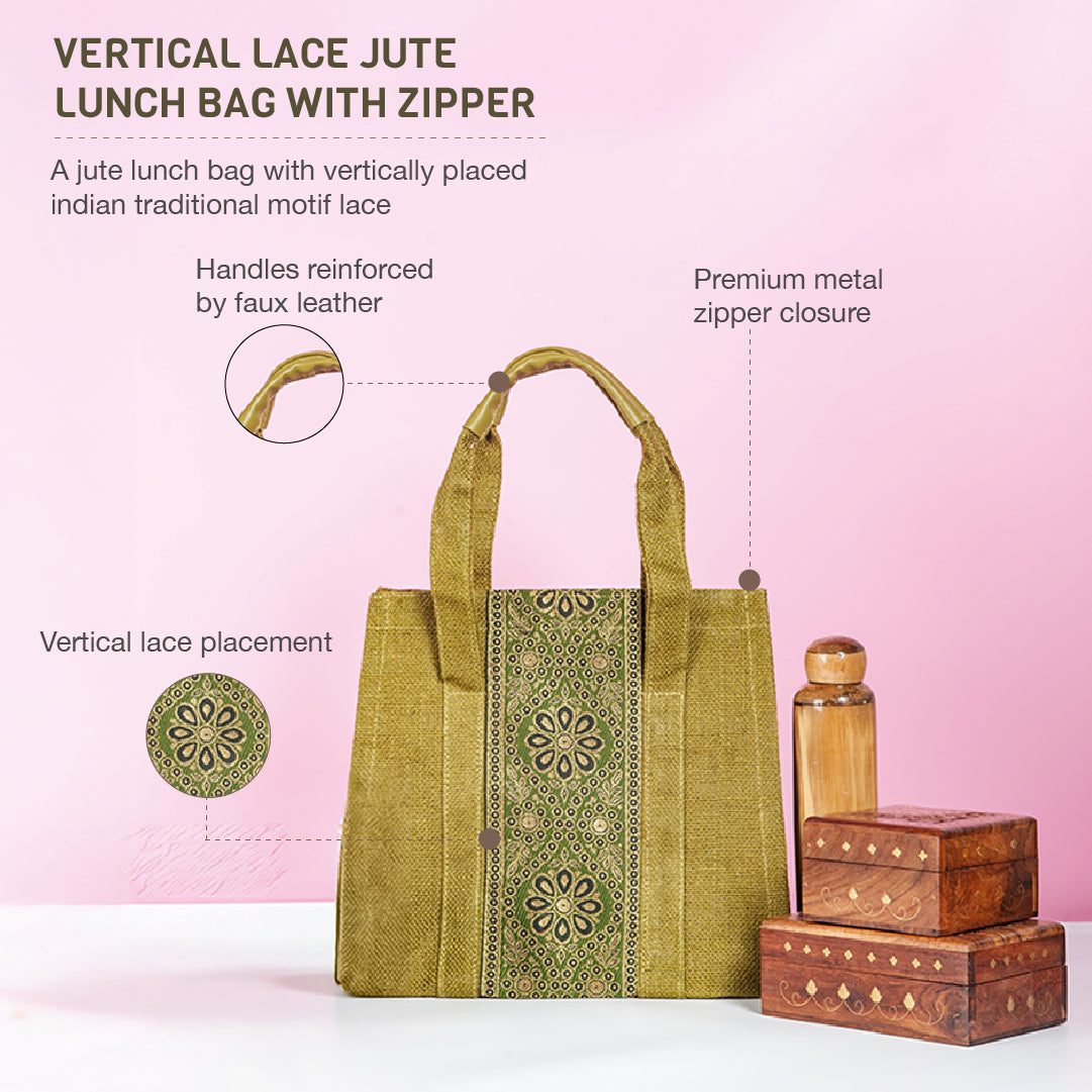 Vertical Lace Jute Lunch Bag with Zipper