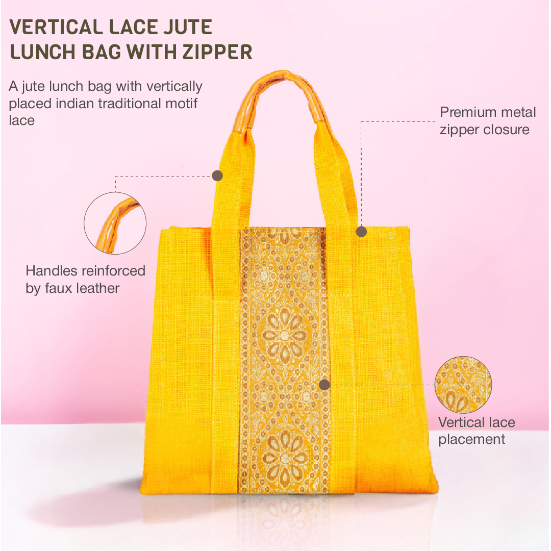 Vertical Lace Jute Lunch Bag with Zipper