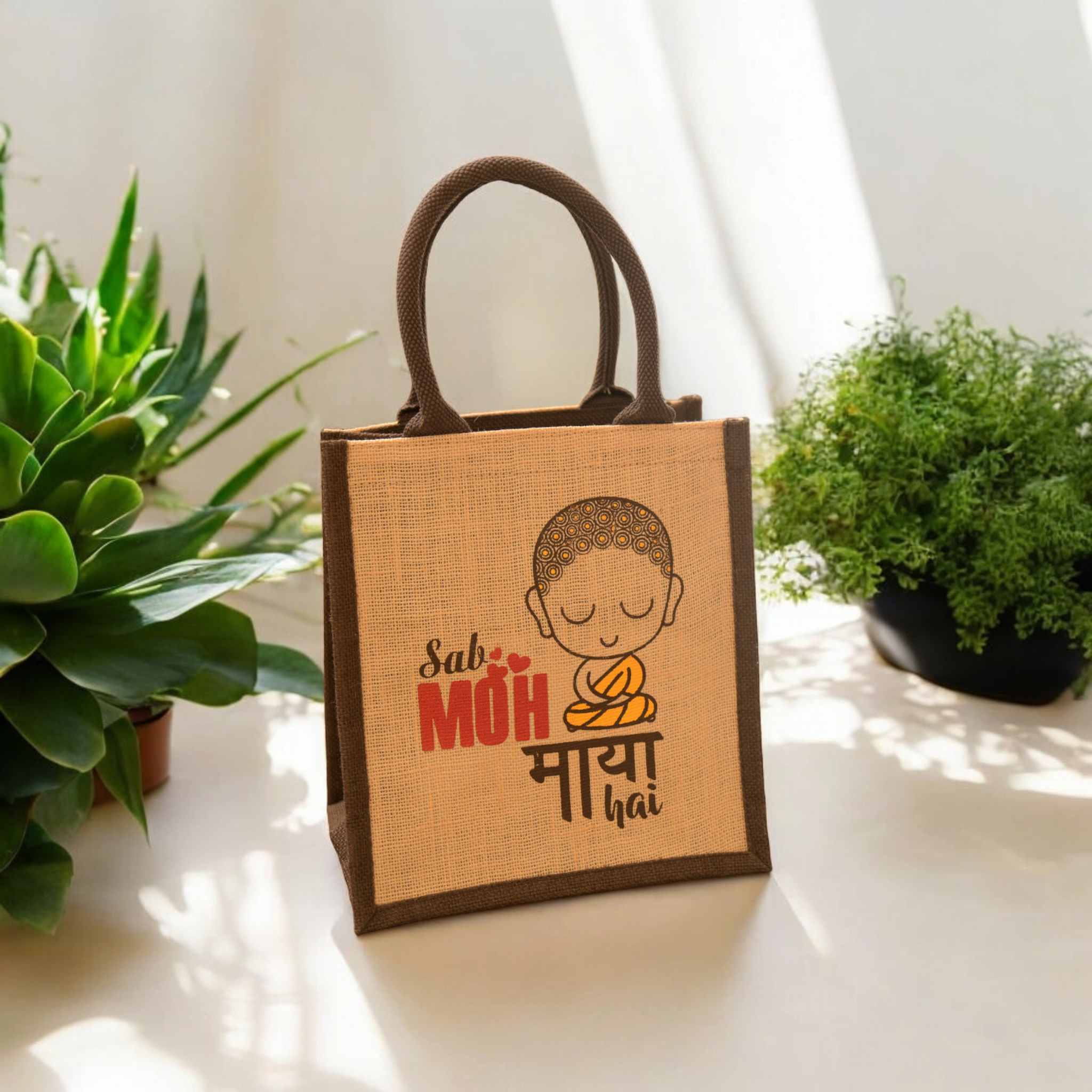 JUTE COTTAGE MOH MAYA PRINT LUNCH ZIPPER SUSTAINABLE, ECO-FRIENDLY, 100% GENUINE JUTE, STYLISH (CREAM/BROWN 11X10X7)
