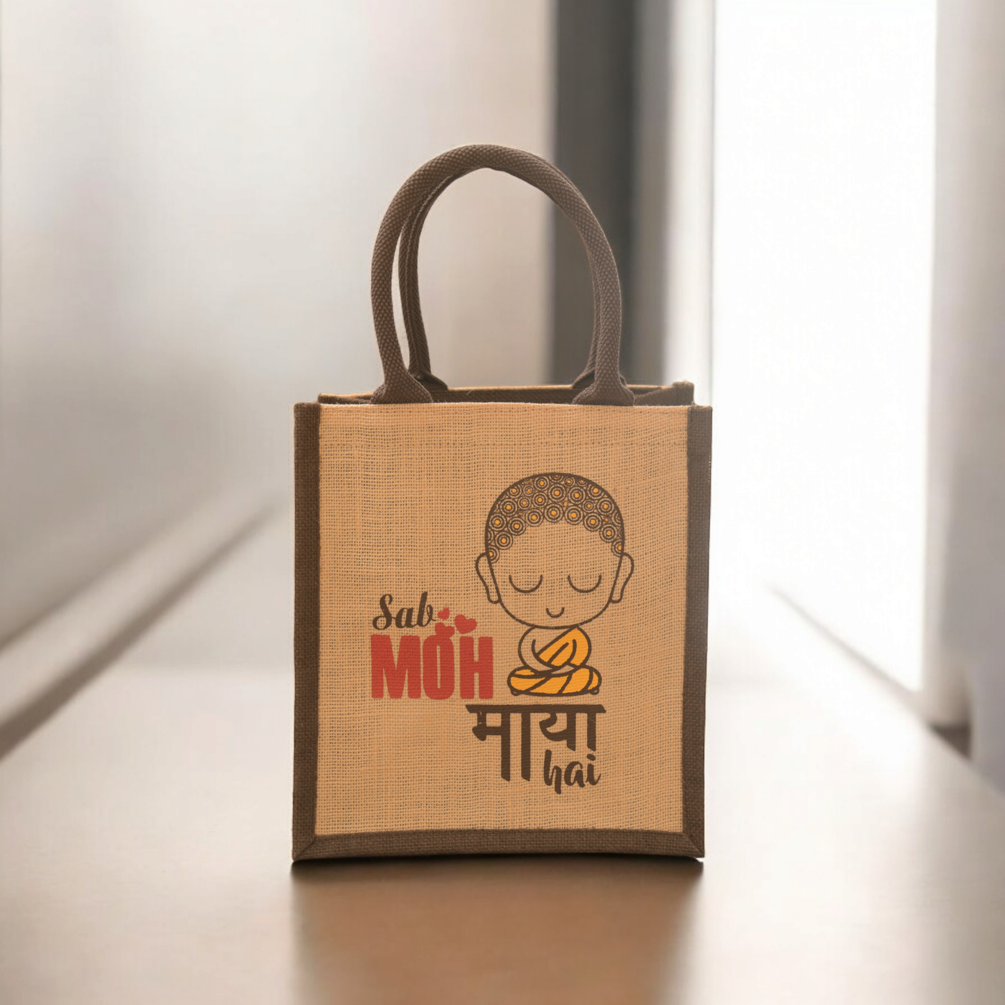 JUTE COTTAGE MOH MAYA PRINT LUNCH ZIPPER SUSTAINABLE, ECO-FRIENDLY, 100% GENUINE JUTE, STYLISH (CREAM/BROWN 11X10X7)