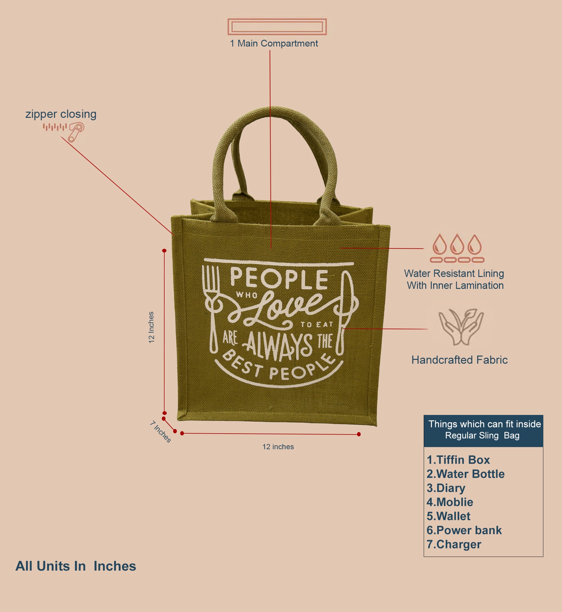 JUTE COTTAGE LOVE TO EAT PRINT LUNCH ZIPPER, SUSTAINABLE, ECO-FRIENDLY, 100% GENUINE JUTE, STYLISH (OLIVE GREEN 12X12X7)