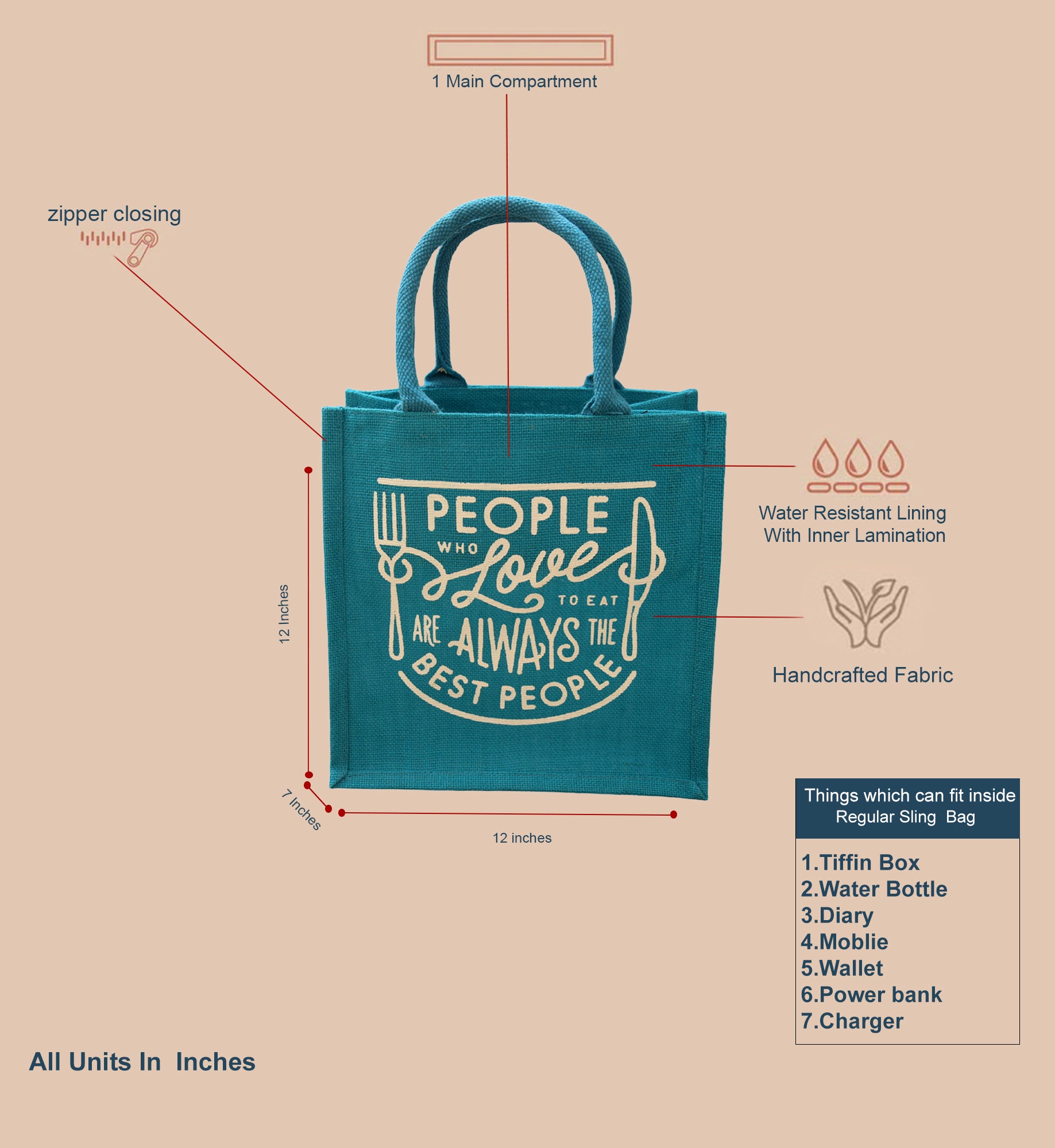 JUTE COTTAGE LOVE TO EAT PRINT LUNCH ZIPPER, SUSTAINABLE, ECO-FRIENDLY, 100% GENUINE JUTE, STYLISH (TURQUOISE BLUE 12X12X7)