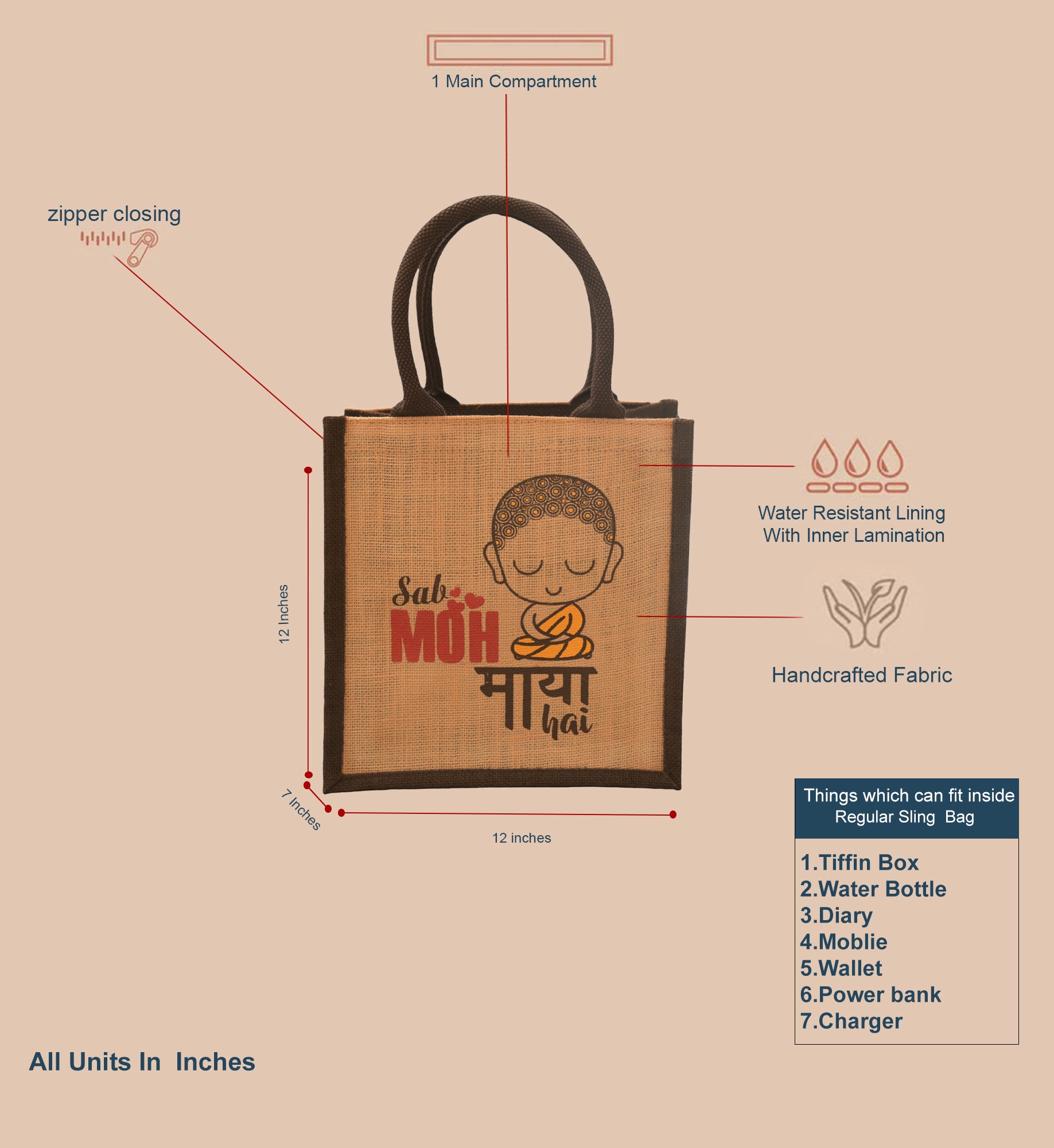 JUTE COTTAGE MOH MAYA PRINT LUNCH ZIPPER SUSTAINABLE, ECO-FRIENDLY, 100% GENUINE JUTE, STYLISH (CREAM/BROWN 11X10X7)