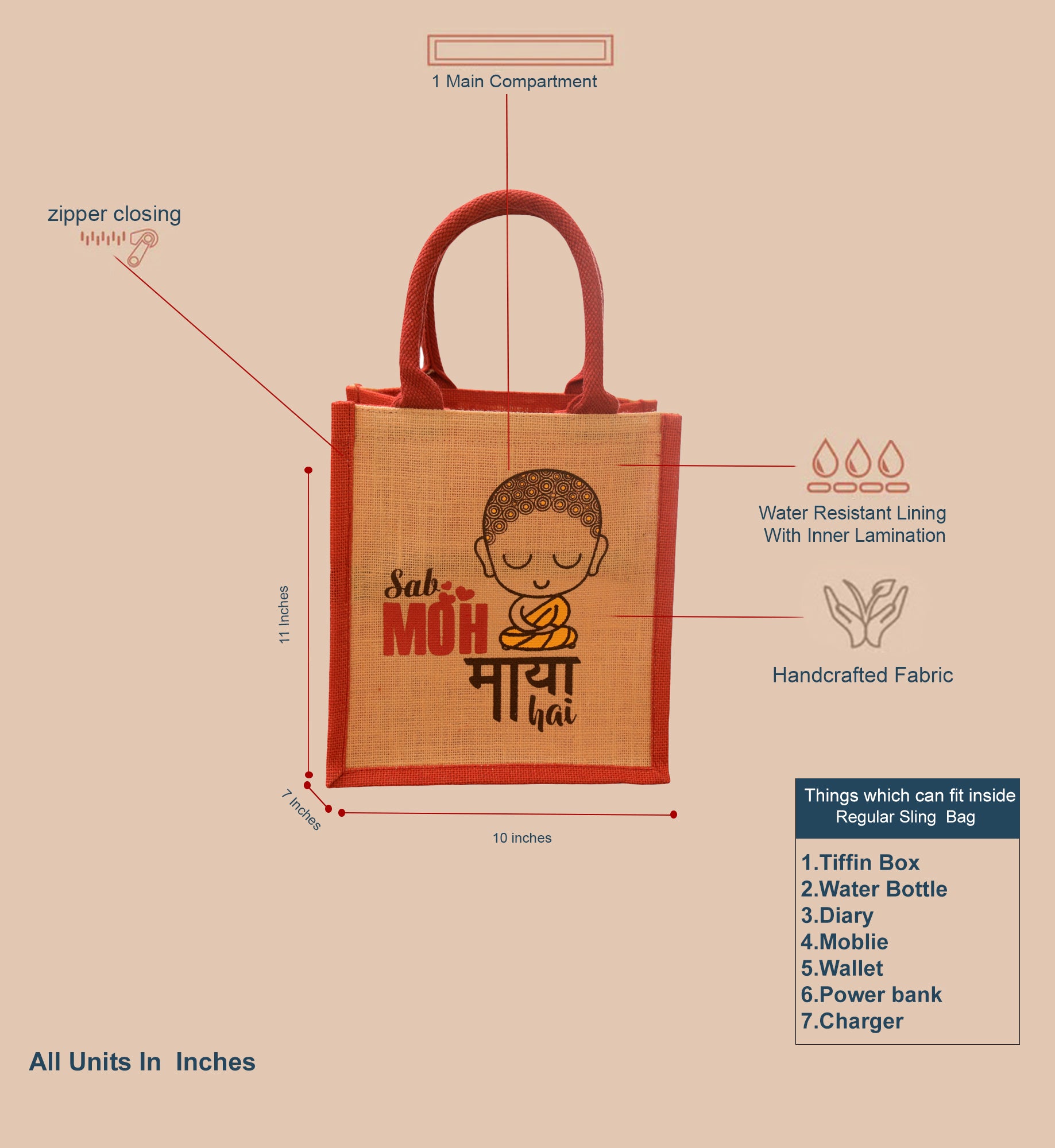 JUTE COTTAGE MOH MAYA PRINT LUNCH ZIPPER SUSTAINABLE, ECO-FRIENDLY, 100% GENUINE JUTE, STYLISH (CREAM/RED 11X10X7)