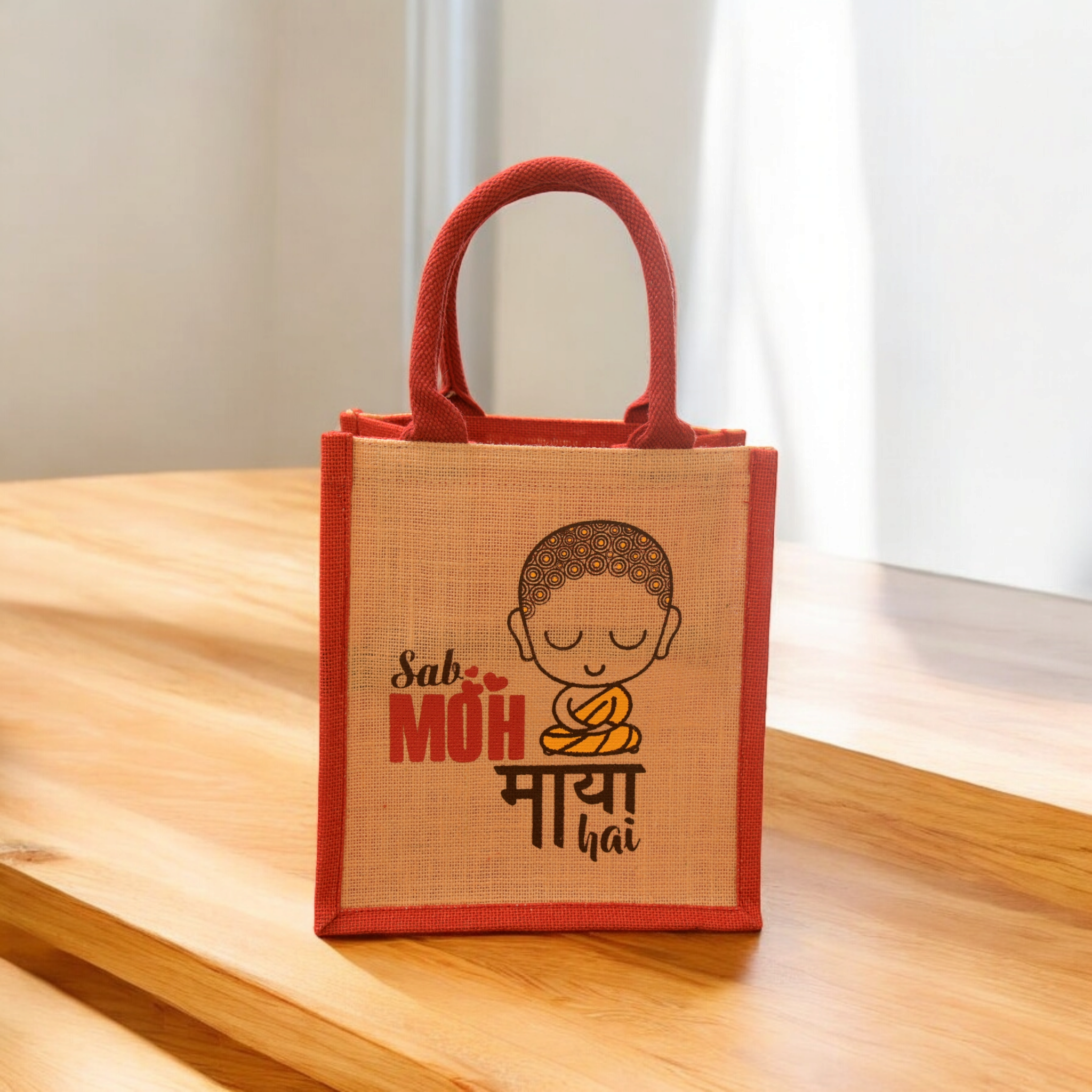 JUTE COTTAGE MOH MAYA PRINT LUNCH ZIPPER SUSTAINABLE, ECO-FRIENDLY, 100% GENUINE JUTE, STYLISH (CREAM/RED 11X10X7)