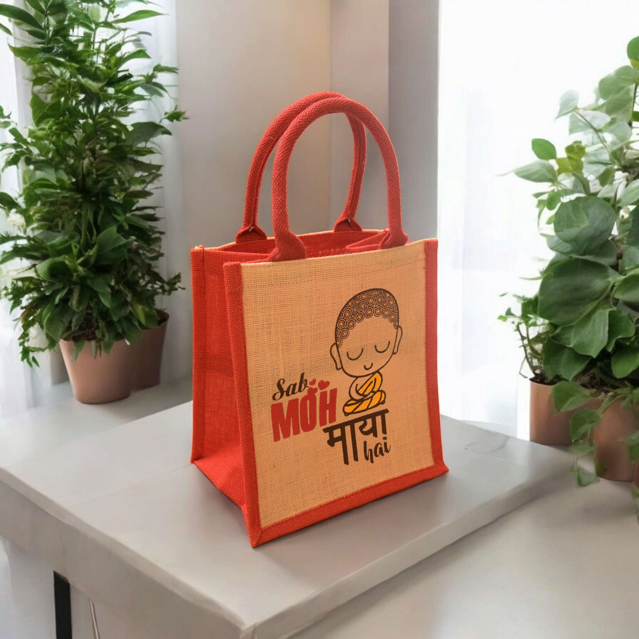 JUTE COTTAGE MOH MAYA PRINT LUNCH ZIPPER SUSTAINABLE, ECO-FRIENDLY, 100% GENUINE JUTE, STYLISH (CREAM/RED 11X10X7)