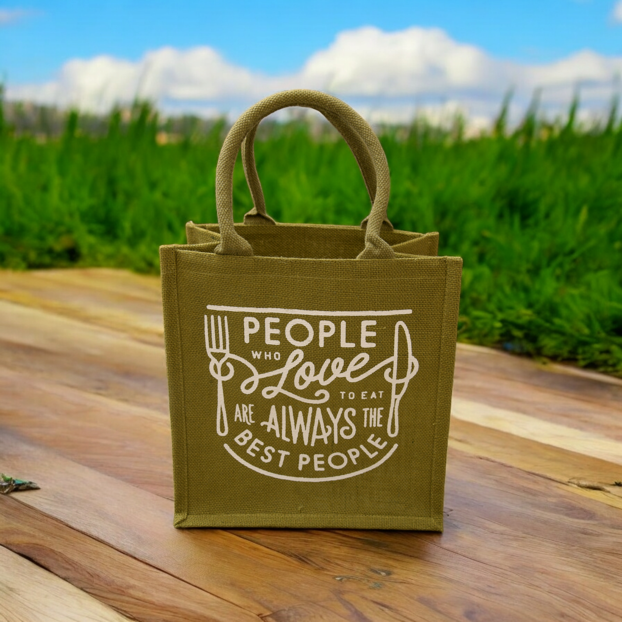 JUTE COTTAGE LOVE TO EAT PRINT LUNCH ZIPPER, SUSTAINABLE, ECO-FRIENDLY, 100% GENUINE JUTE, STYLISH (OLIVE GREEN 12X12X7)