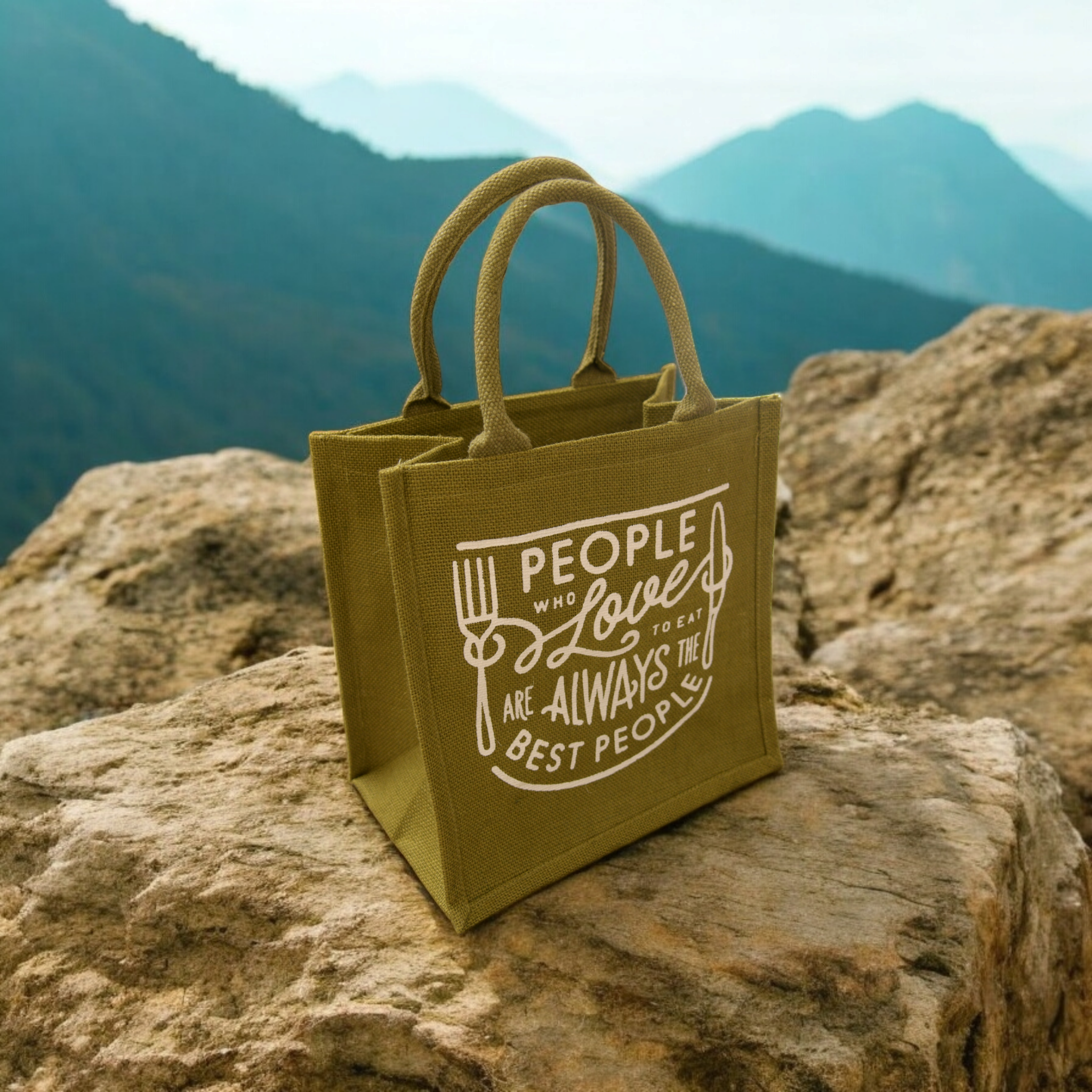 JUTE COTTAGE LOVE TO EAT PRINT LUNCH ZIPPER, SUSTAINABLE, ECO-FRIENDLY, 100% GENUINE JUTE, STYLISH (OLIVE GREEN 12X12X7)