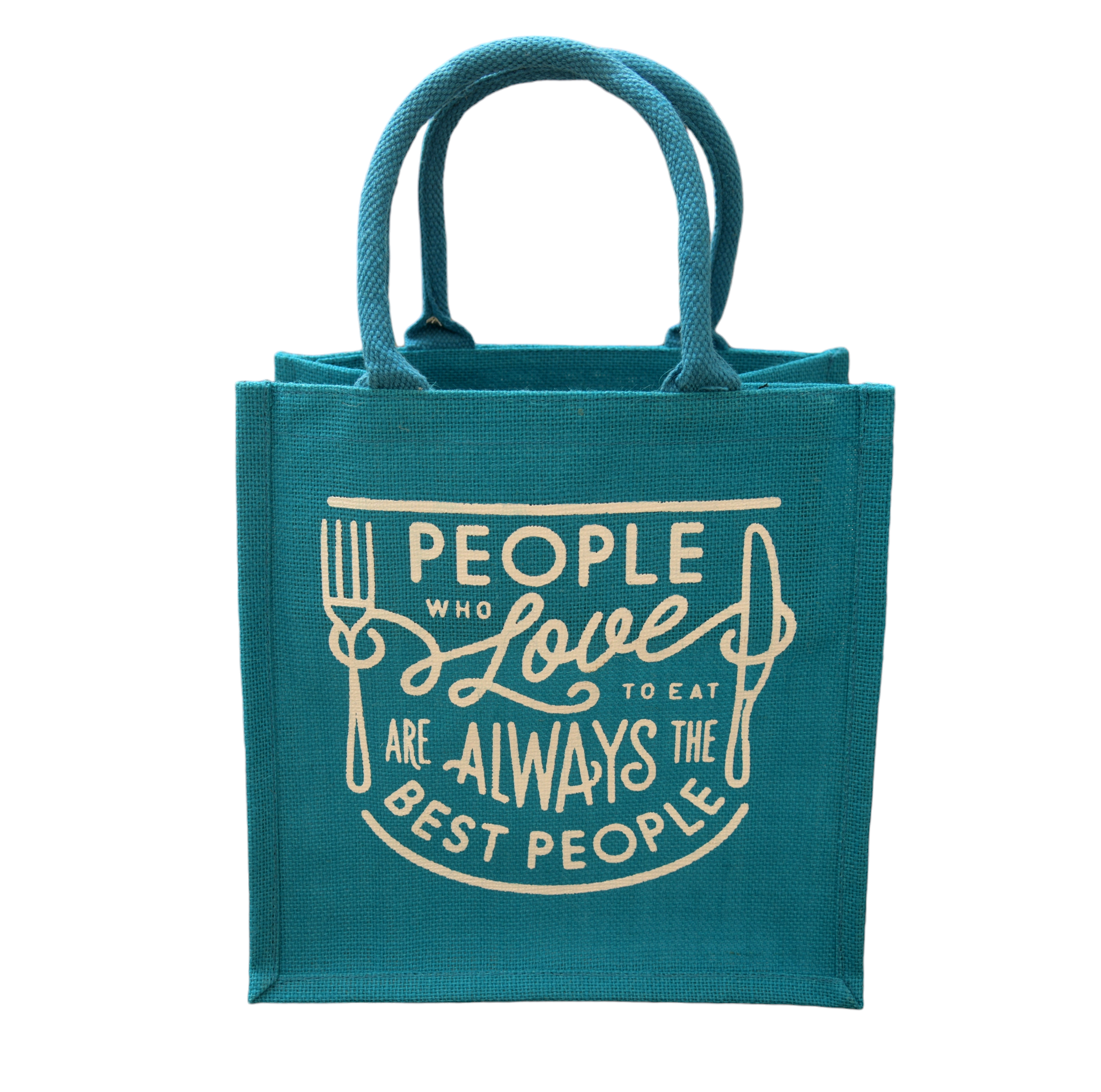 JUTE COTTAGE LOVE TO EAT PRINT LUNCH ZIPPER, SUSTAINABLE, ECO-FRIENDLY, 100% GENUINE JUTE, STYLISH (TURQUOISE BLUE 12X12X7)