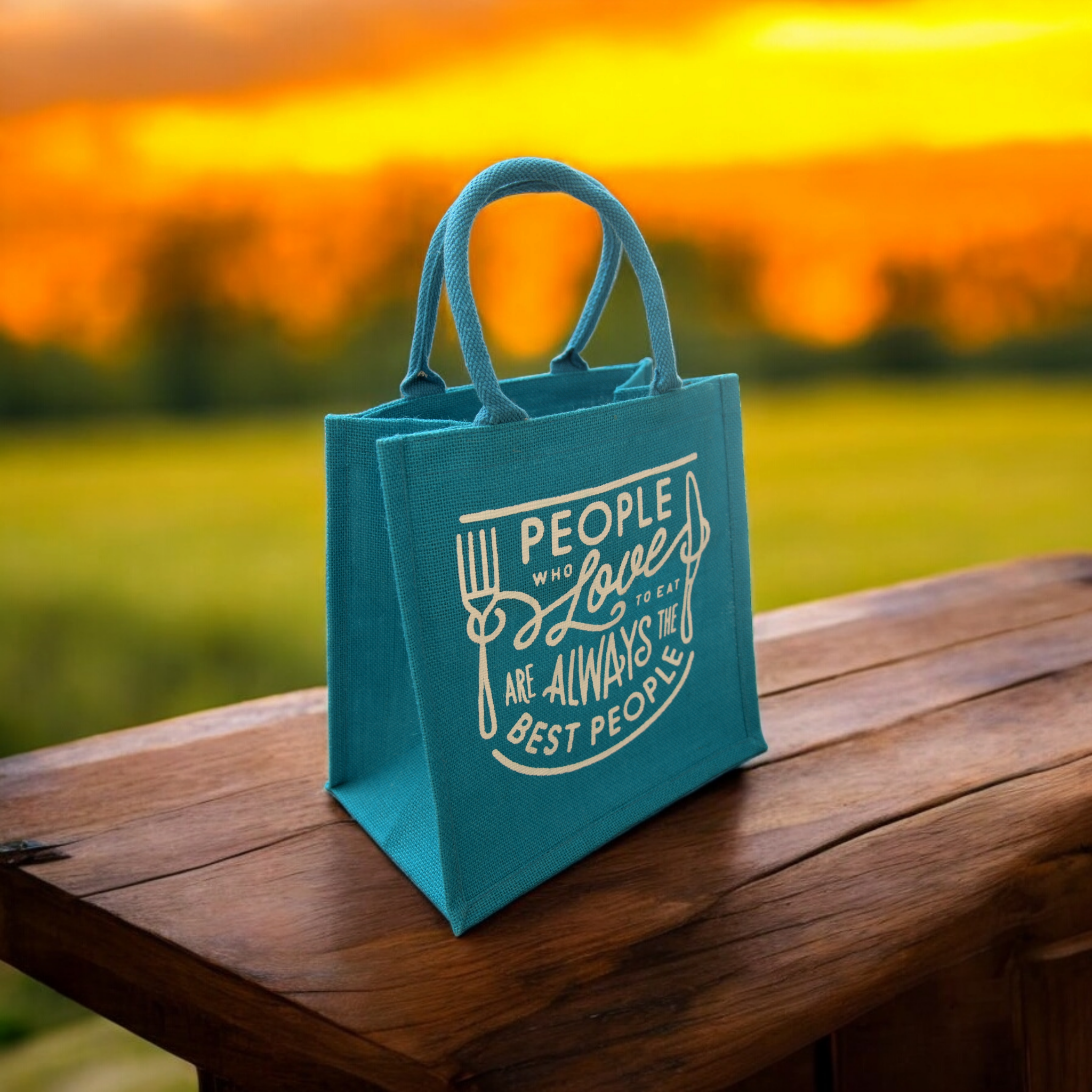 JUTE COTTAGE LOVE TO EAT PRINT LUNCH ZIPPER, SUSTAINABLE, ECO-FRIENDLY, 100% GENUINE JUTE, STYLISH (TURQUOISE BLUE 12X12X7)