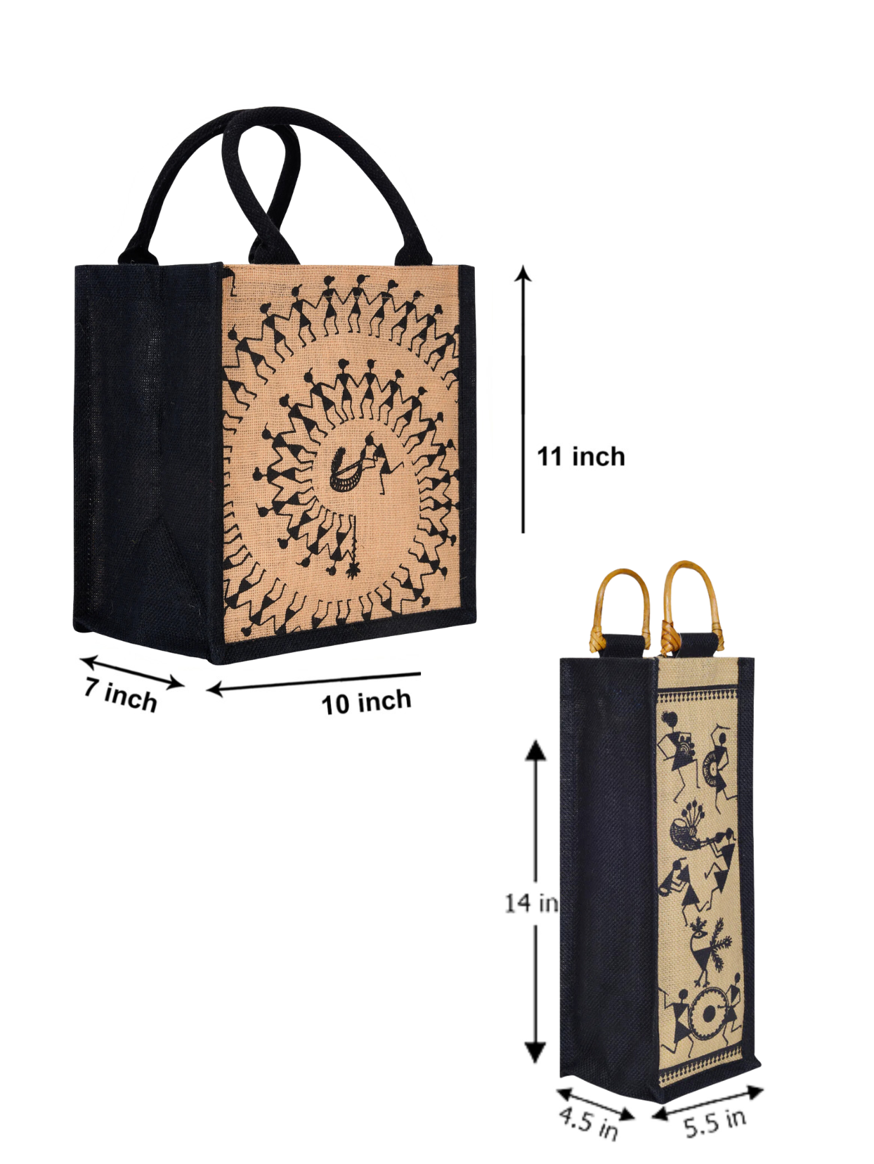 Combo of 11X10 WARLI ZIPPER LUNCH (B-253-BLACK/NATURAL) and BOTTLE BAG WARLI PRINT 2 (B-163-NATURAL/BLACK)
