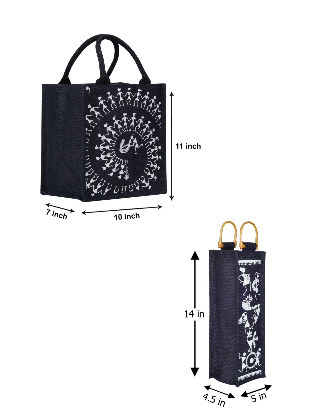 Combo of 11X10 WARLI ZIPPER LUNCH (B-253-BLACK) and BOTTLE BAG WARLI PRINT 2 (B-163-BLACK)