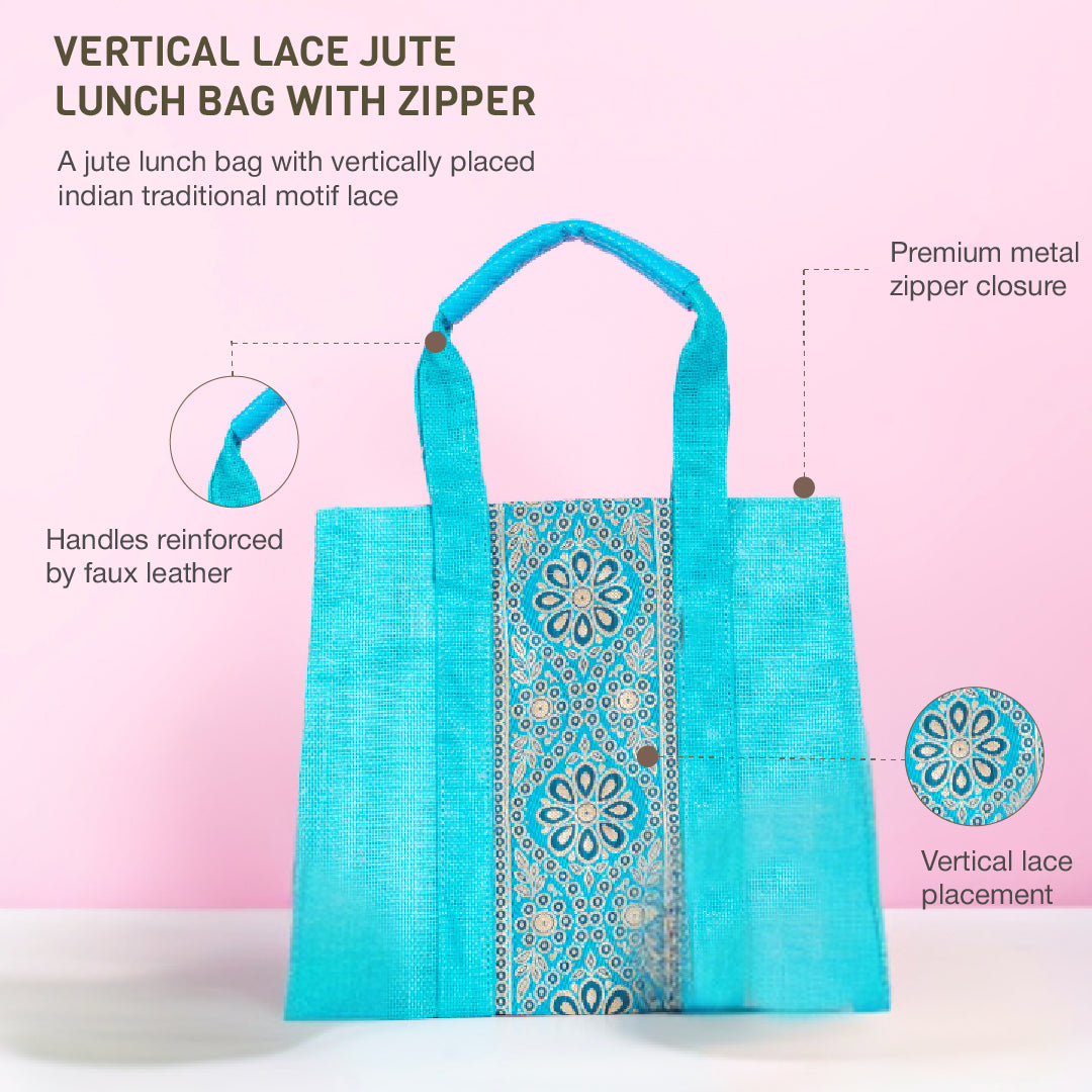 Vertical Lace Jute Lunch Bag with Zipper