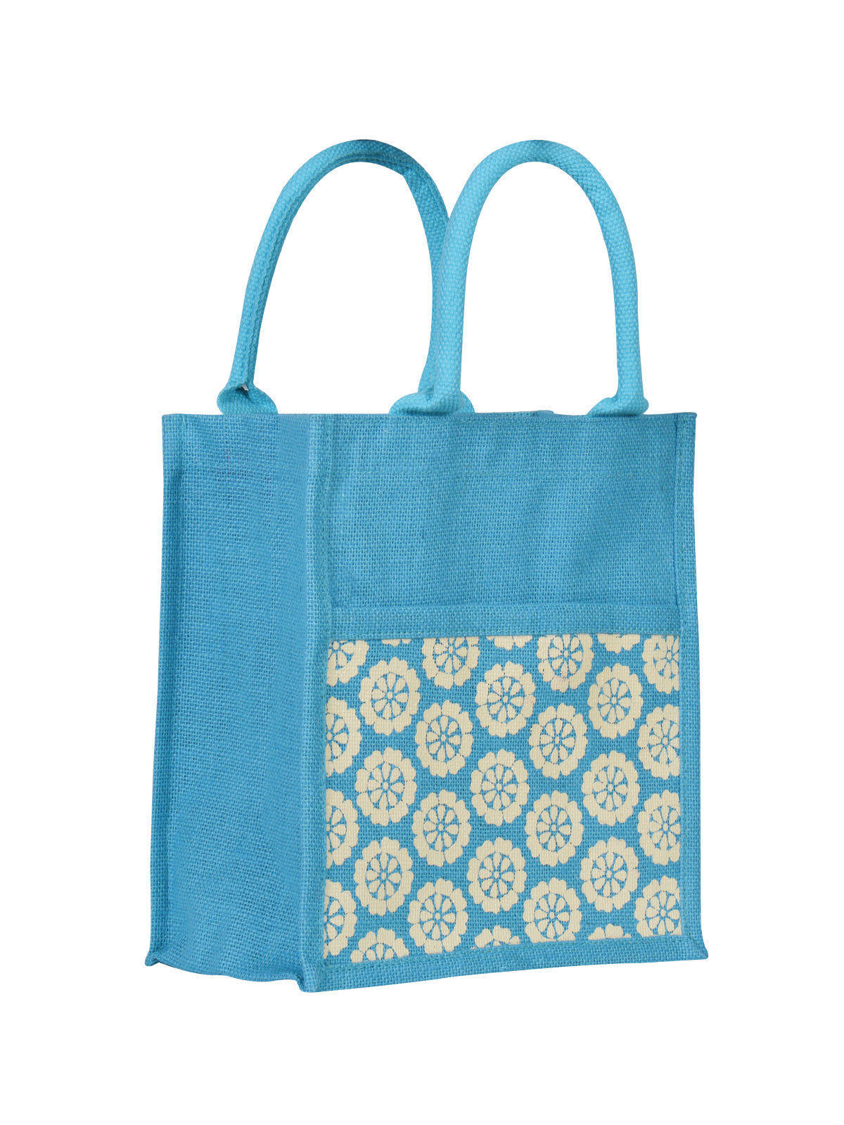 JUTE COTTAGE POCKET ZIPPER LUNCH BAG, SUSTAINABLE, ECO-FRIENDLY, 100% GENUINE JUTE, STYLISH (TURQUOISE BLUE 11X10X7)