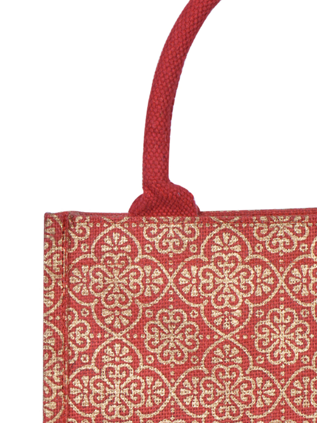 JUTE COTTAGE MUGHAL PRINT ZIPPER LUNCH BAG, SUSTAINABLE, ECO-FRIENDLY, 100% GENUINE JUTE, STYLISH (RED 10X10X7)