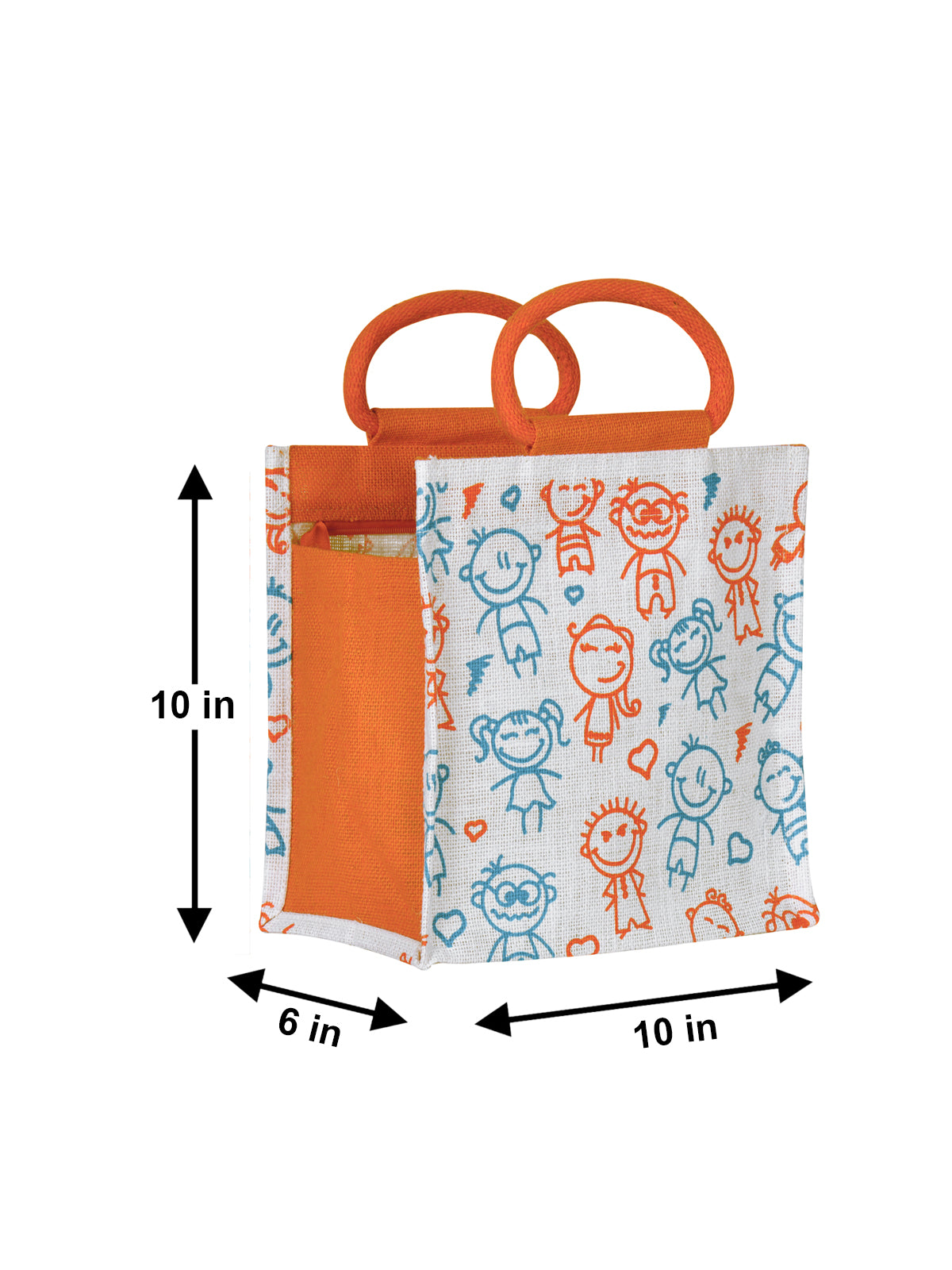JUTE COTTAGE CHILDREN PRINT LUNCH ZIPPER, SUSTAINABLE, ECO-FRIENDLY, 100% GENUINE JUTE, STYLISH (ORANGE 10X10X6)