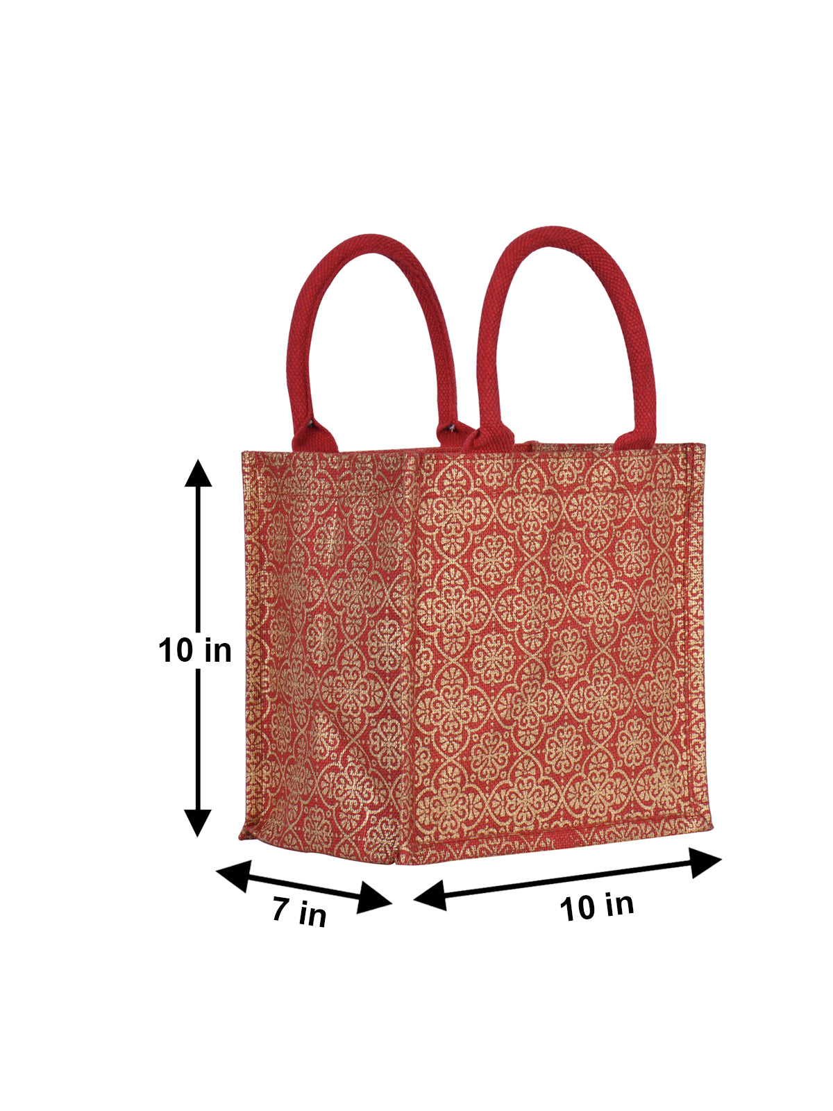 JUTE COTTAGE MUGHAL PRINT ZIPPER LUNCH BAG, SUSTAINABLE, ECO-FRIENDLY, 100% GENUINE JUTE, STYLISH (RED 10X10X7)