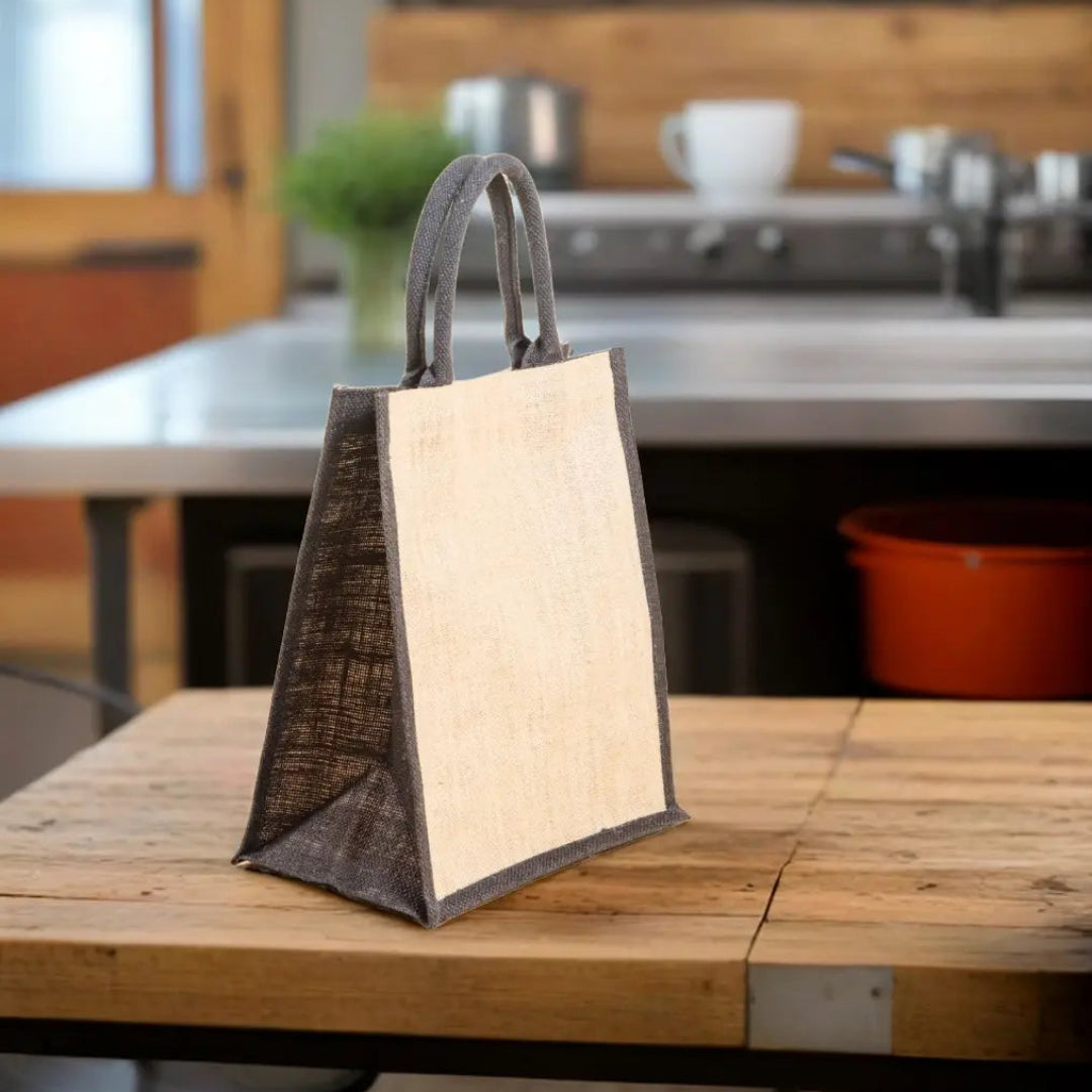 Maroon and Natural Jute Lunch Bag