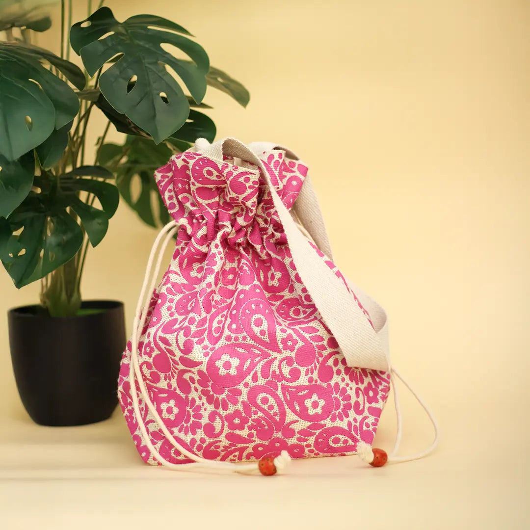 Paisley Print Jute Potli Style Bag