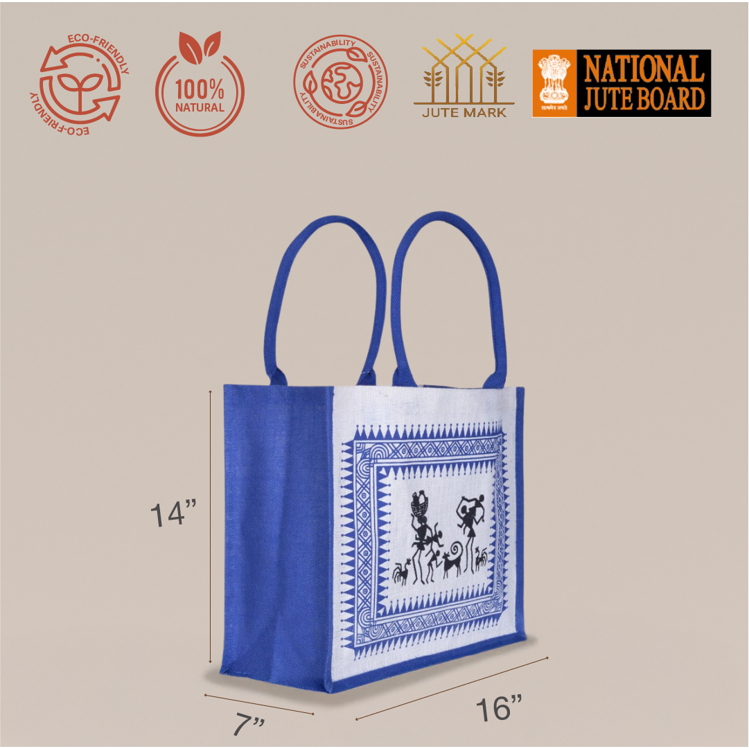 Warli Print Hook and Loop Fastener Jute Shopping Bag