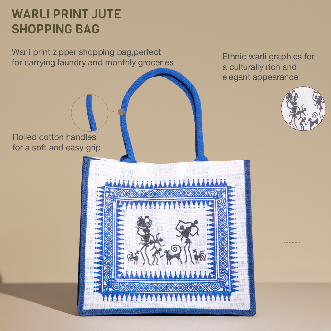 Warli Print Hook and Loop Fastener Jute Shopping Bag