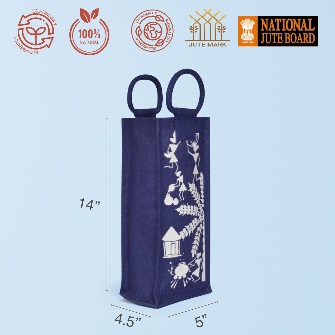 Combo of Jute Navy Blue Warli Lunch Bag and Navy Blue Warli Bottle Bag