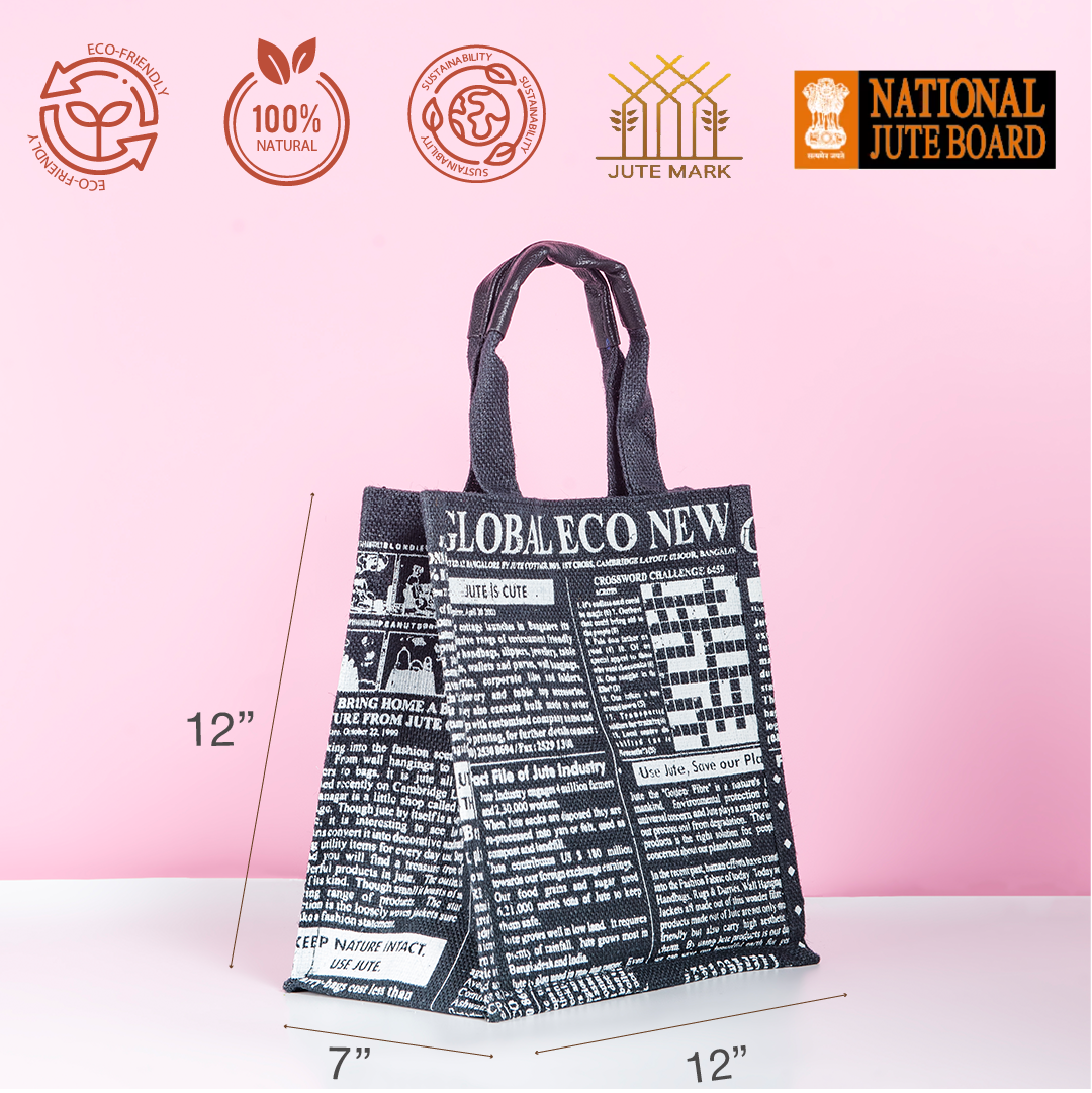 Global Newspaper Print Jute Lunch Bag Medium Black