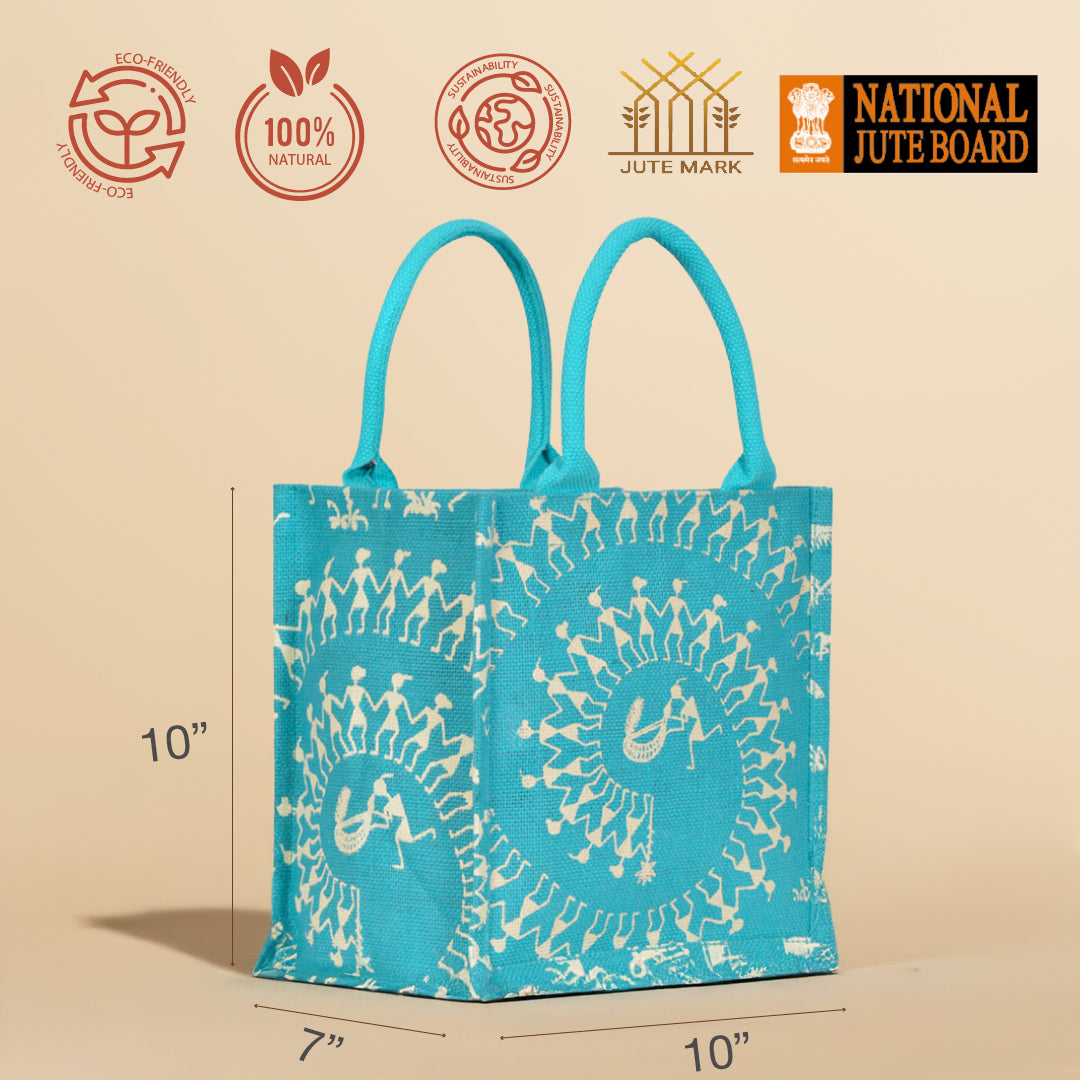 Warli Print Zipper Jute Lunch Bag