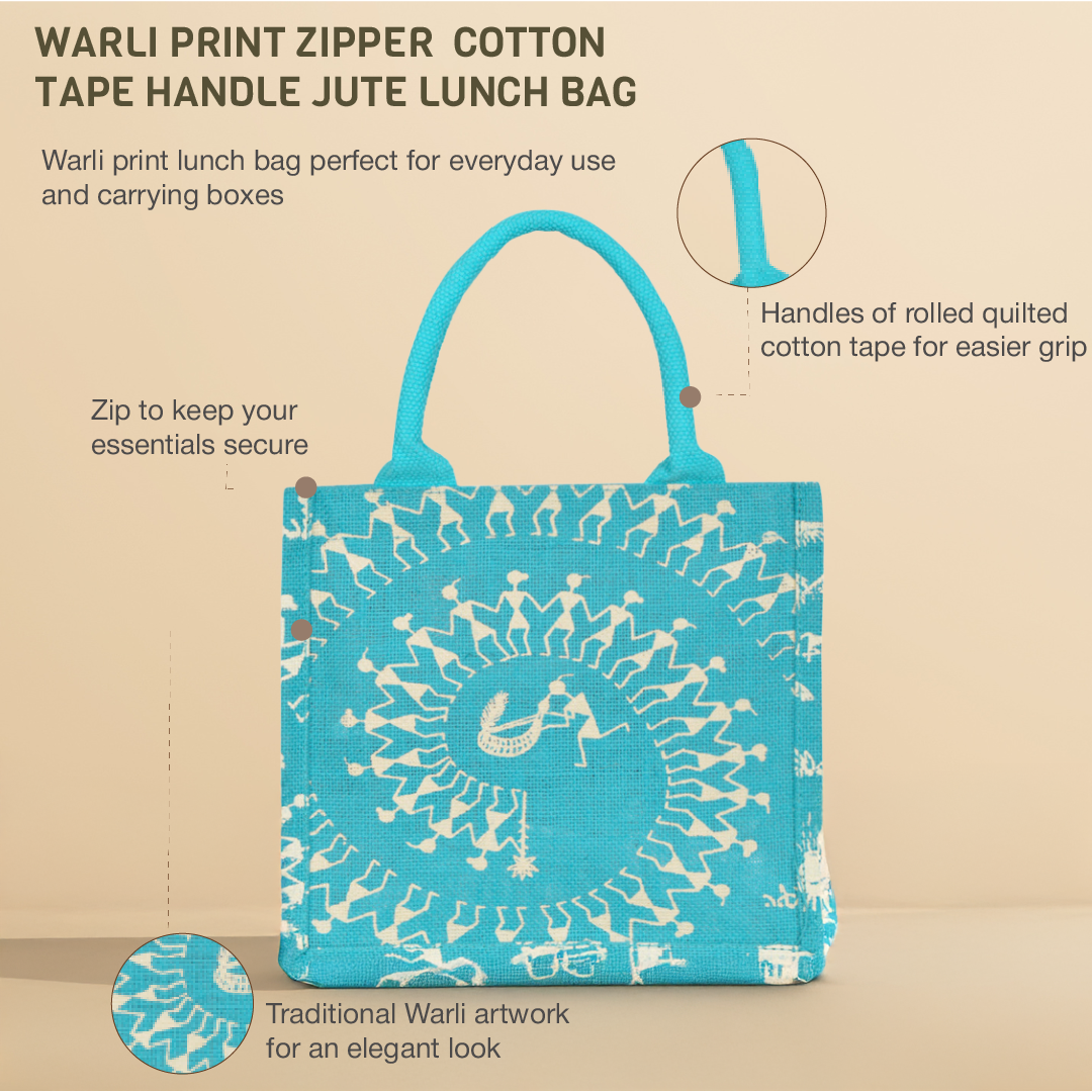 Warli Print Zipper Jute Lunch Bag