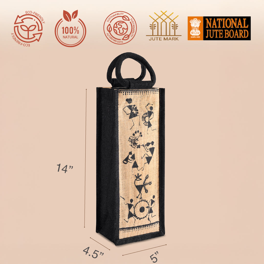 Warli Print Jute Bottle Bag
