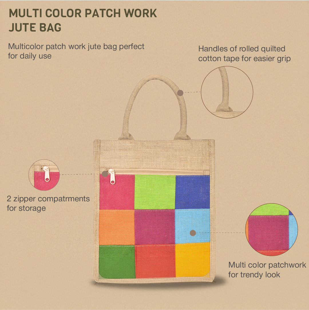 Combo of Jute Multicolor Patchwork Lunch Bag and Multicolor Patchwork Bottle Bag