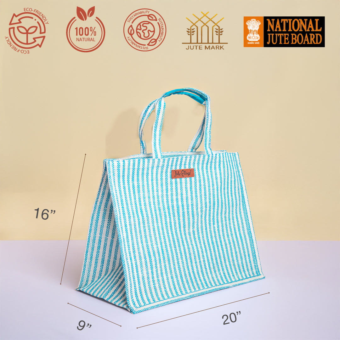 Blue Striped Jute Shopping Bag with Zipper
