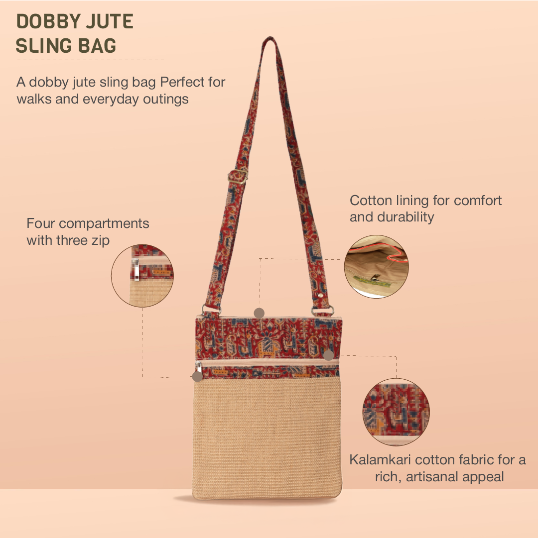 Dobby Kalamkari Jute Sling Bag Large