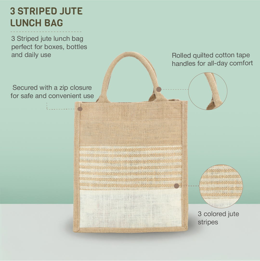 3 Striped Jute Lunch Bag