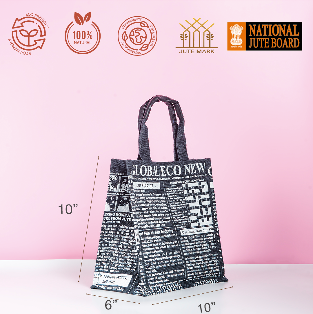 Global Newspaper Print Jute Lunch Bag Small Black