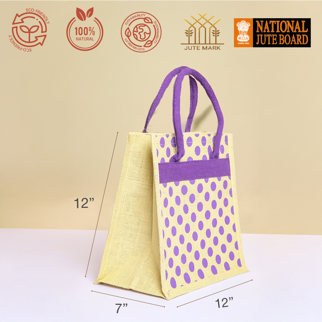 Polka Dot Jute Lunch Bag with Zipper