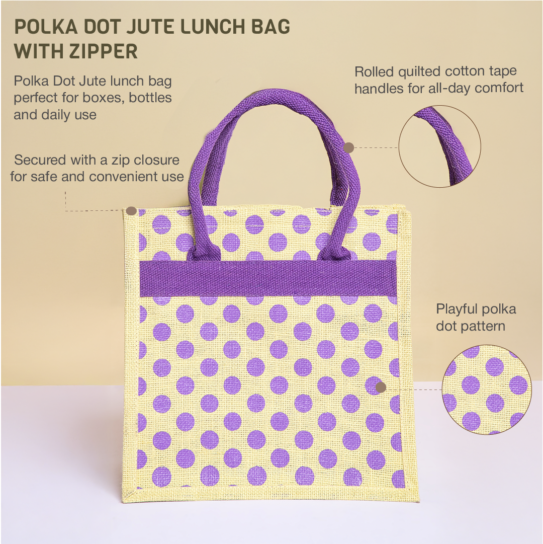 Polka Dot Jute Lunch Bag with Zipper