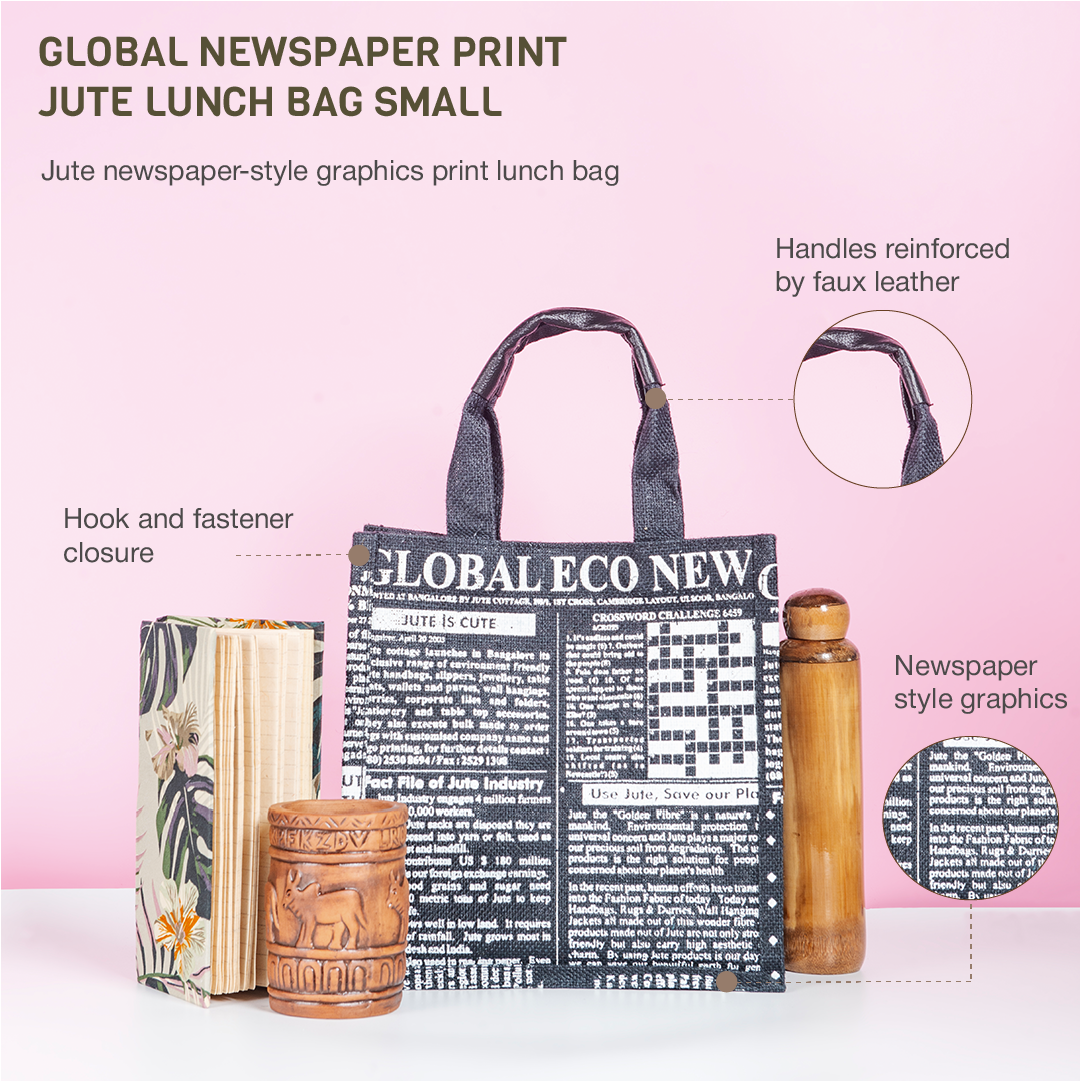 Global Newspaper Print Jute Lunch Bag Small Black