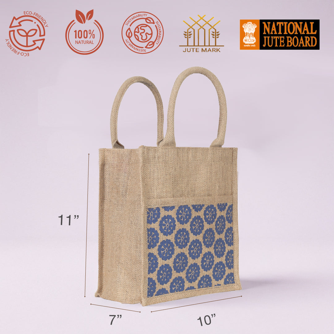 Floral Graphic Jute Lunch Bag with Zipper