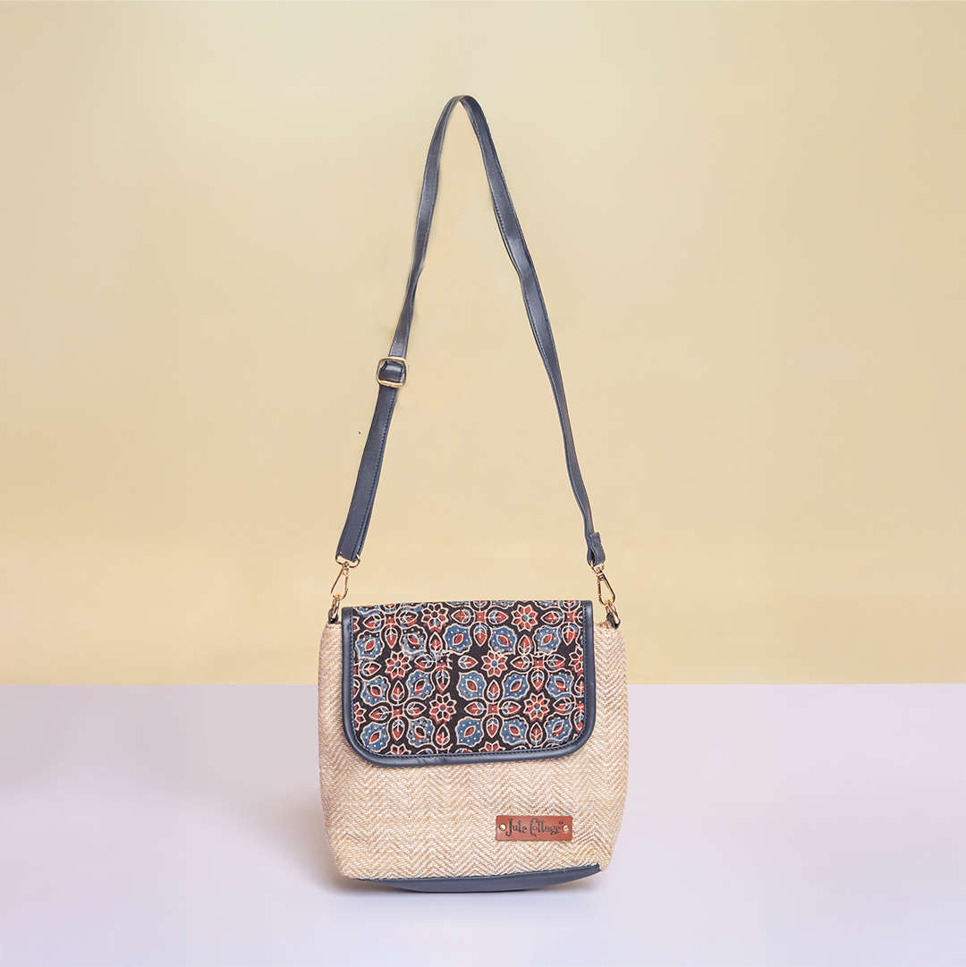 Herringbone Ajrakh Sling Bag-Blue