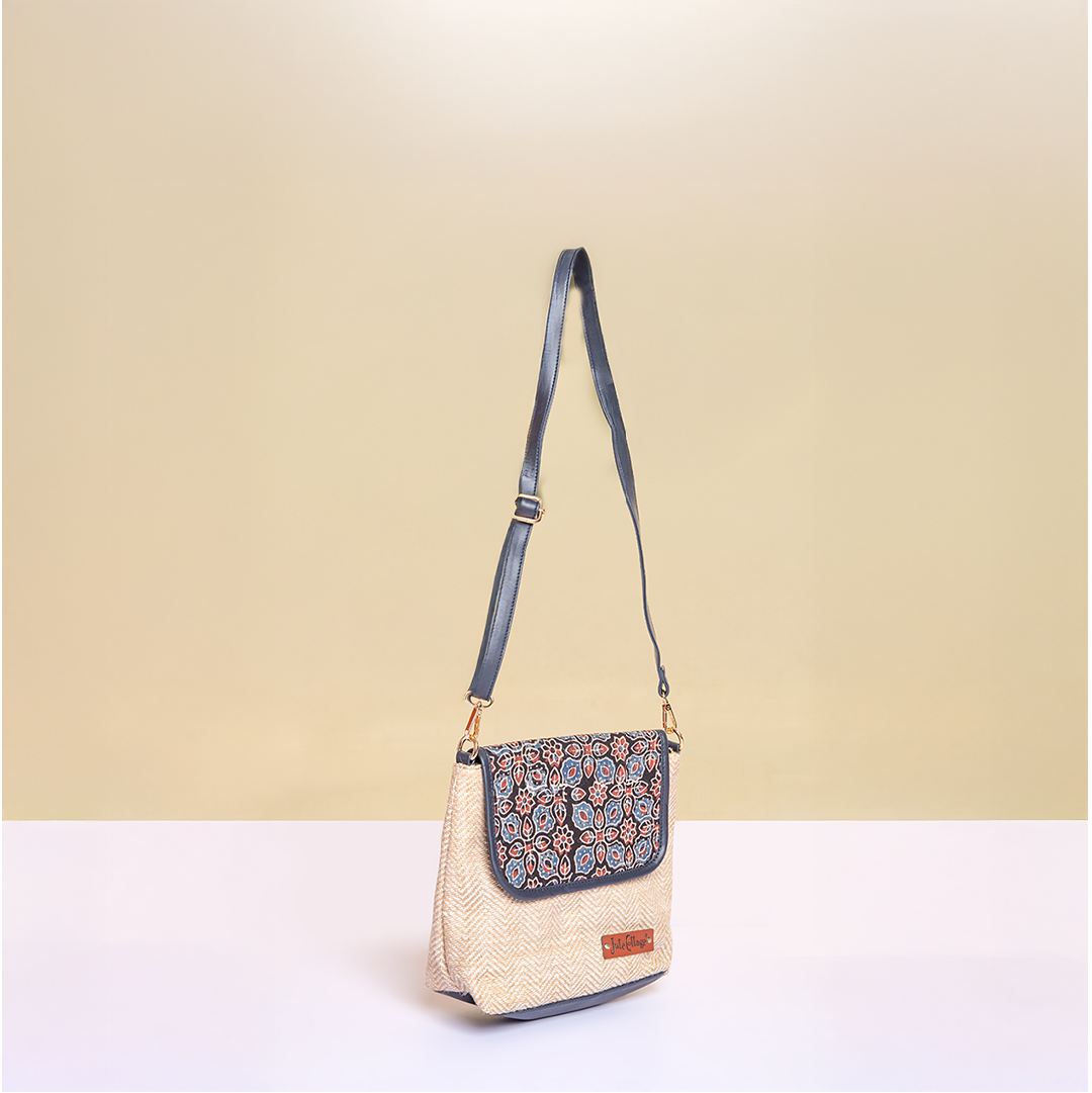 Herringbone Ajrakh Sling Bag-Blue