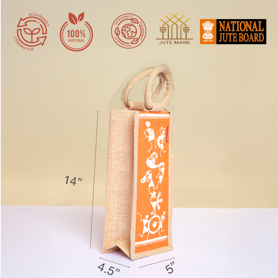 Warli Print Jute Bottle Bag