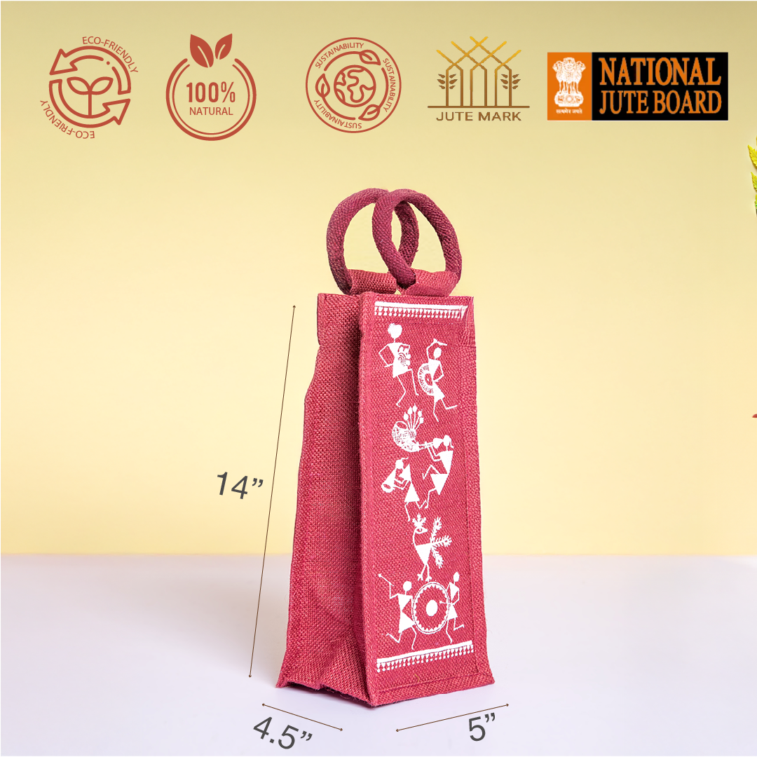 Warli Print Jute Bottle Bag