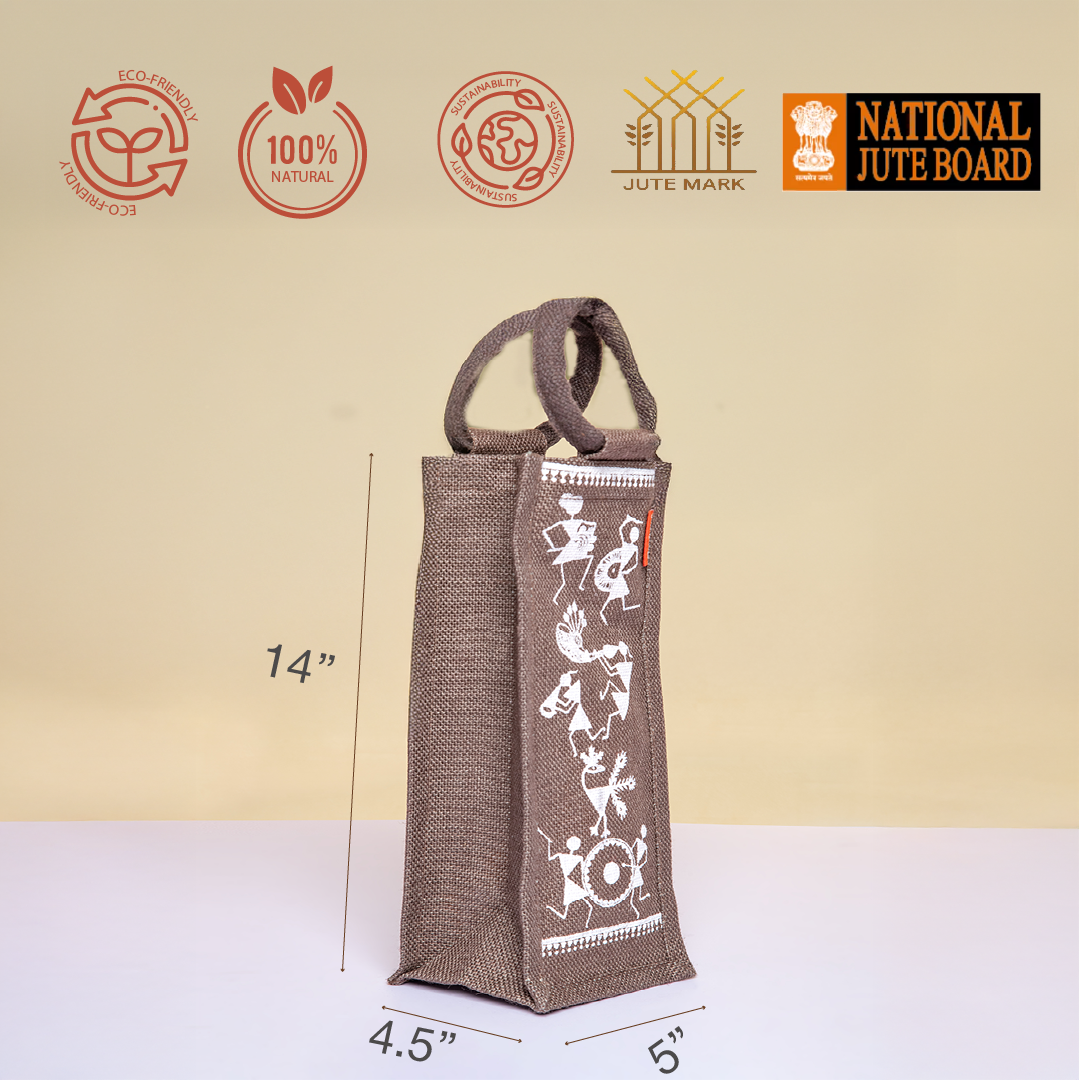 Warli Print Jute Bottle Bag