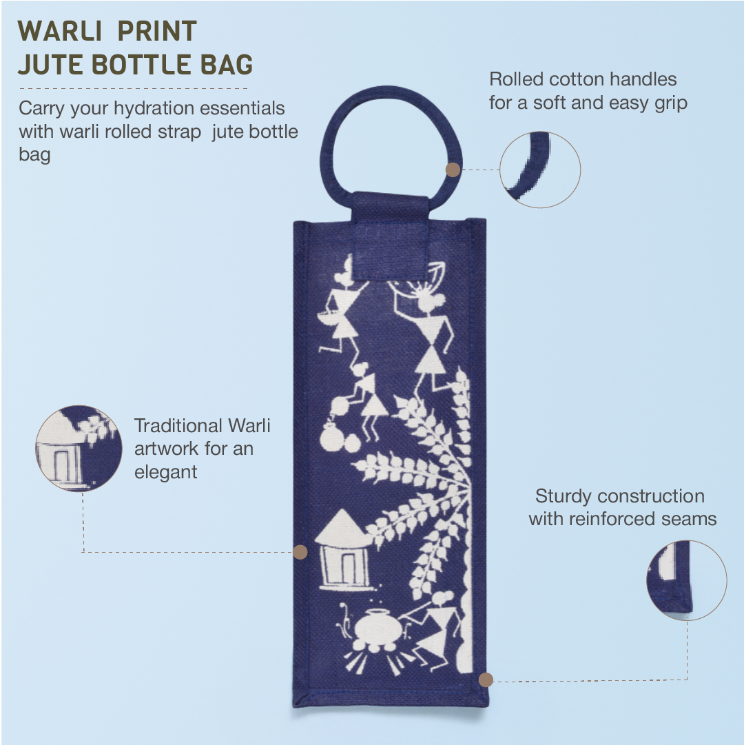 Combo of Jute Navy Blue Warli Lunch Bag and Navy Blue Warli Bottle Bag