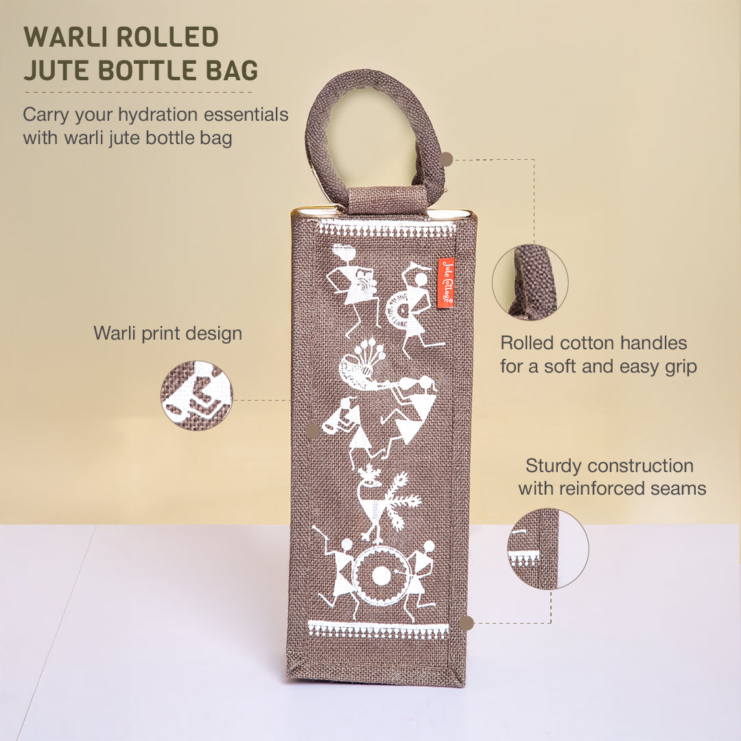 Warli Print Jute Bottle Bag
