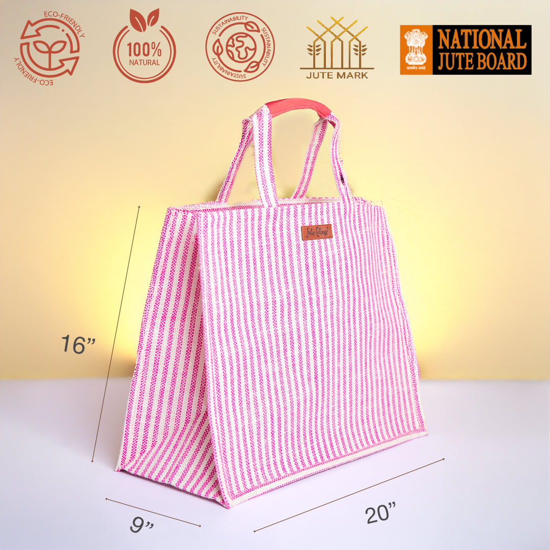 Blue Striped Jute Shopping Bag with Zipper